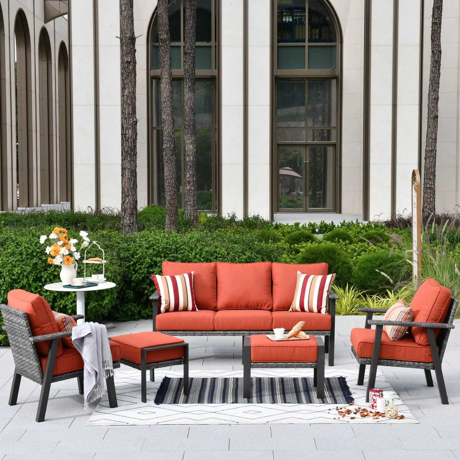 Ovios Patio Conversation Set 5 Piece with 2 Ottoman and 5'' Cushion, Olefin Fabric