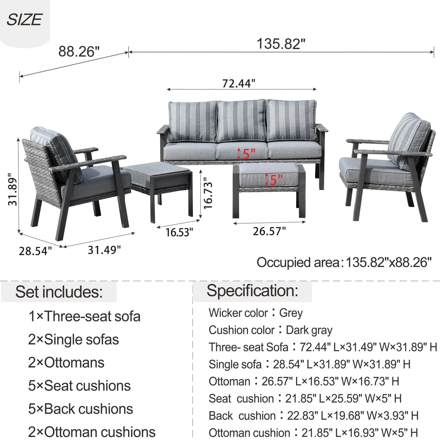 Ovios Patio Conversation Set 5 Piece with 2 Ottoman and 5'' Cushion, Olefin Fabric