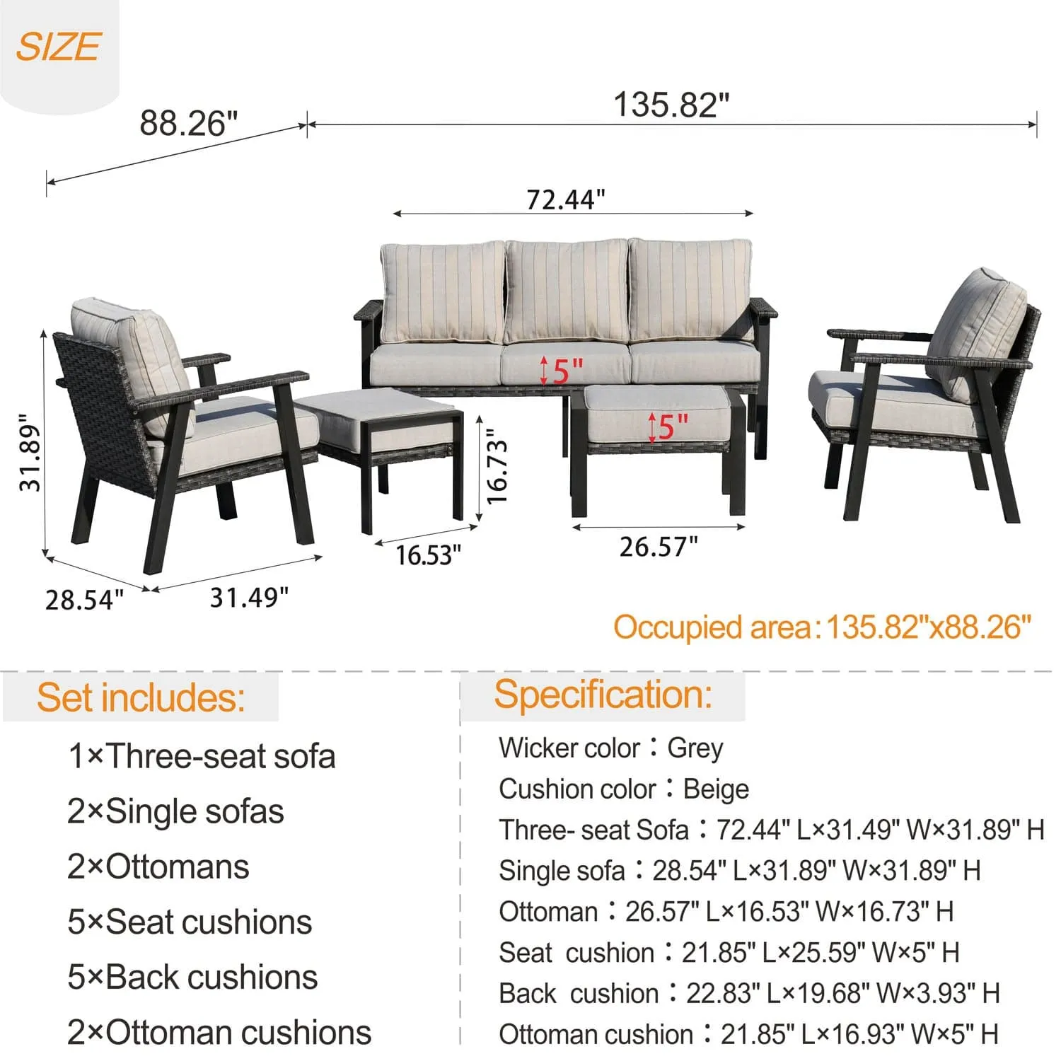 Ovios Patio Conversation Set 5 Piece with 2 Ottoman and 5'' Cushion, Olefin Fabric