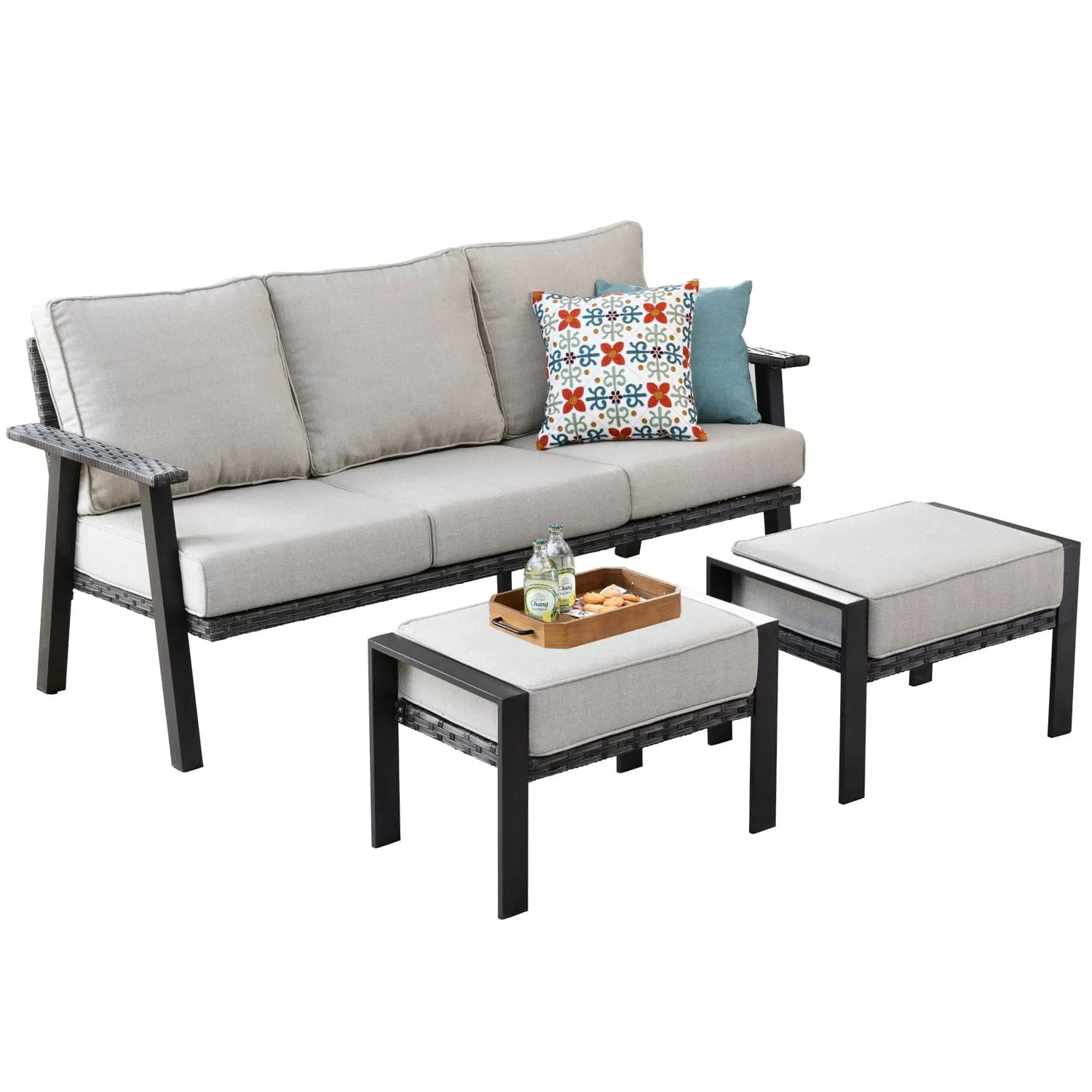 Ovios Patio Conversation Set 5 Piece with 2 Ottoman and 5'' Cushion, Olefin Fabric