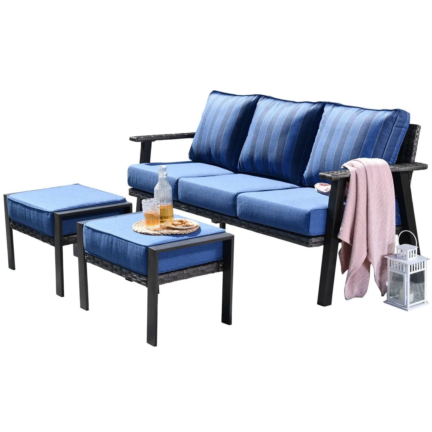 Ovios Patio Conversation Set 5 Piece with 2 Ottoman and 5'' Cushion, Olefin Fabric