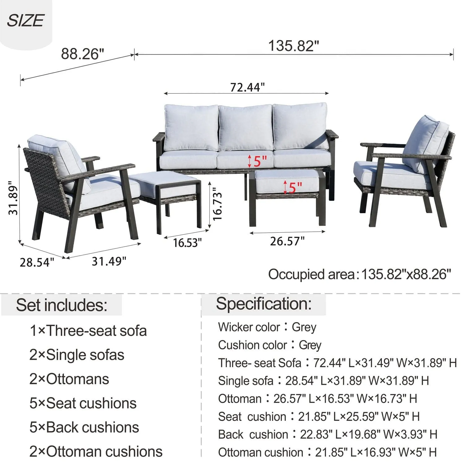 Ovios Patio Conversation Set 5 Piece with 2 Ottoman and 5'' Cushion, Olefin Fabric