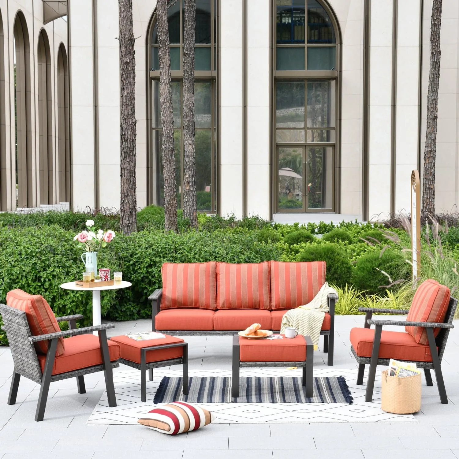 Ovios Patio Conversation Set 5 Piece with 2 Ottoman and 5'' Cushion, Olefin Fabric