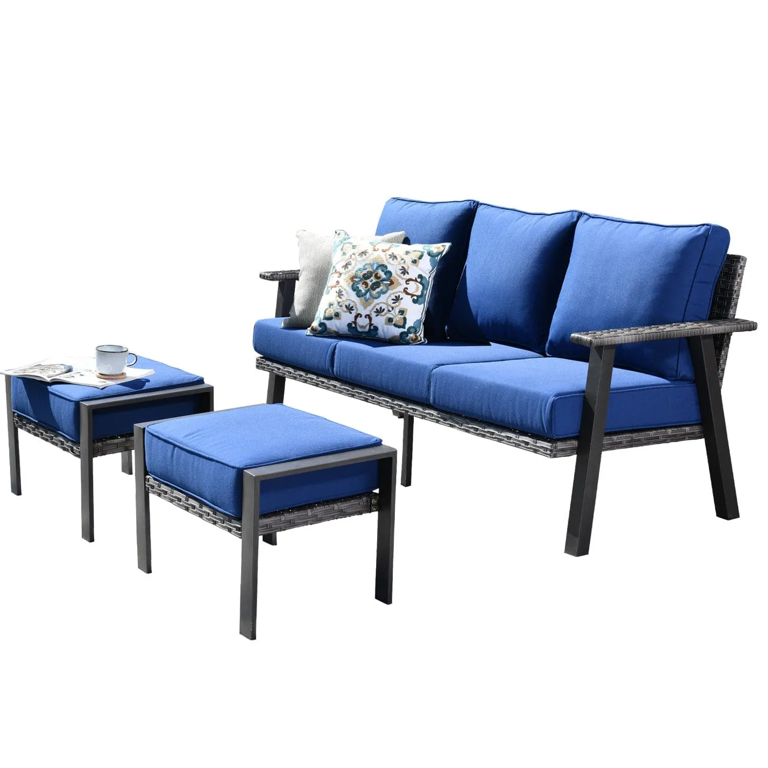 Ovios Patio Conversation Set 5 Piece with 2 Ottoman and 5'' Cushion, Olefin Fabric