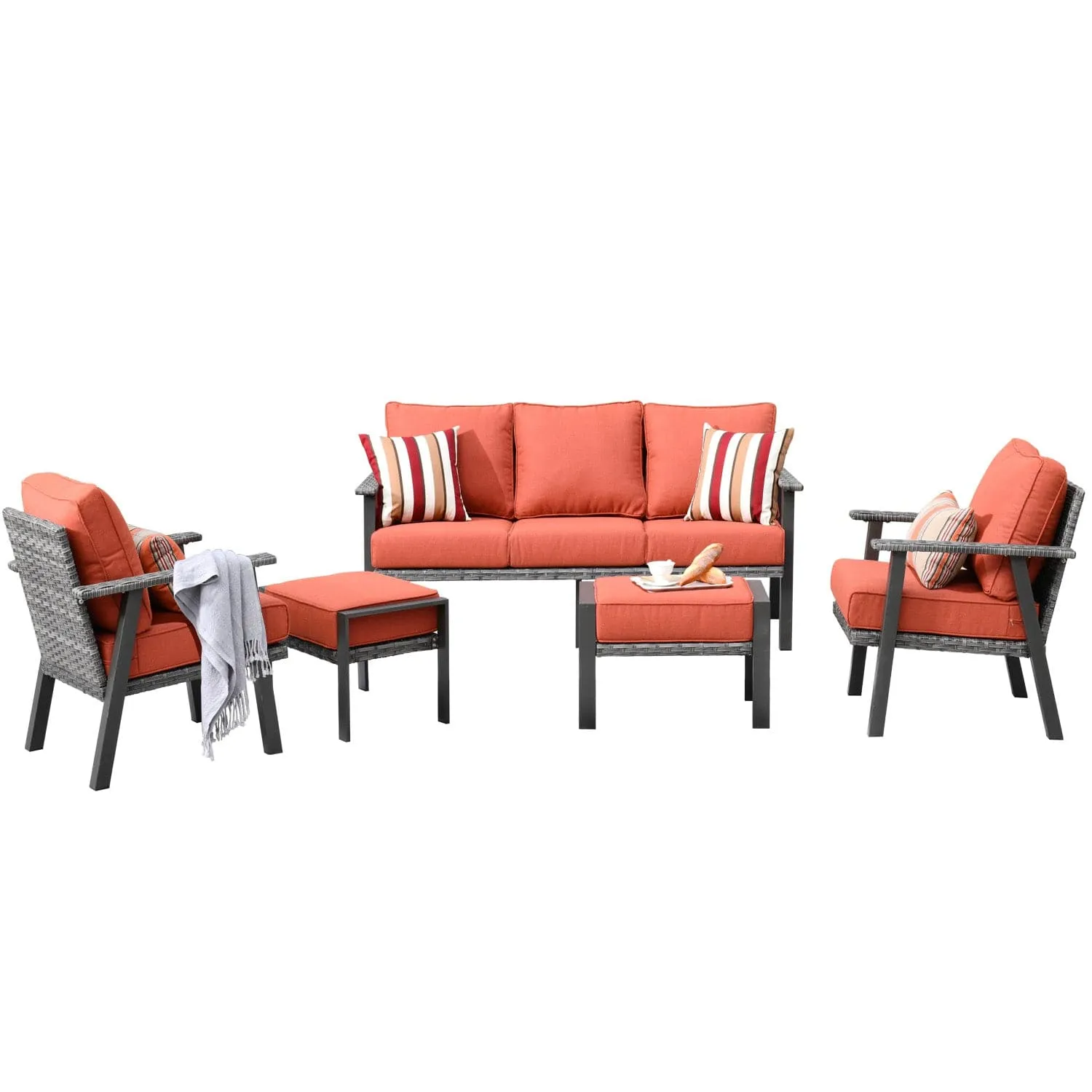 Ovios Patio Conversation Set 5 Piece with 2 Ottoman and 5'' Cushion, Olefin Fabric