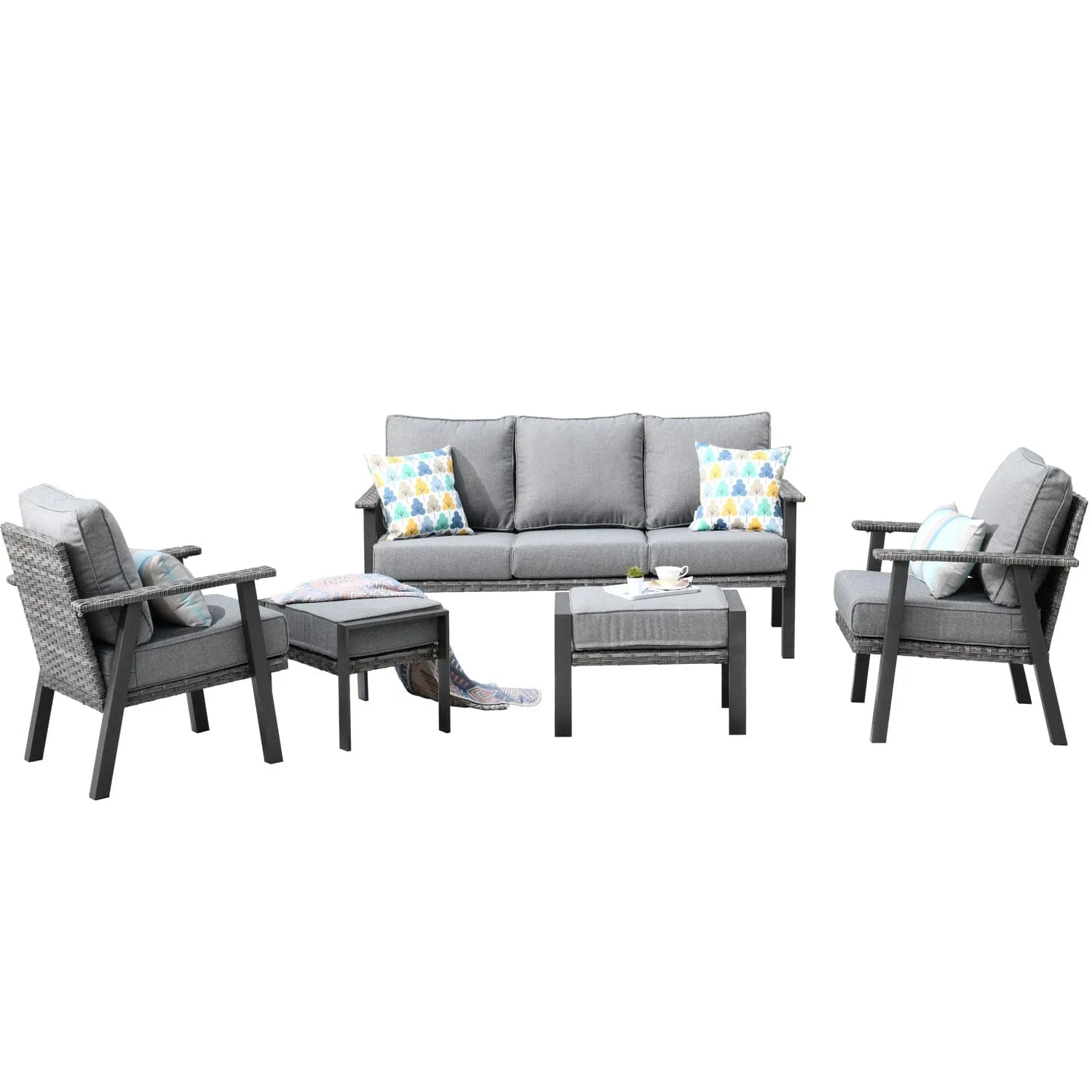 Ovios Patio Conversation Set 5 Piece with 2 Ottoman and 5'' Cushion, Olefin Fabric