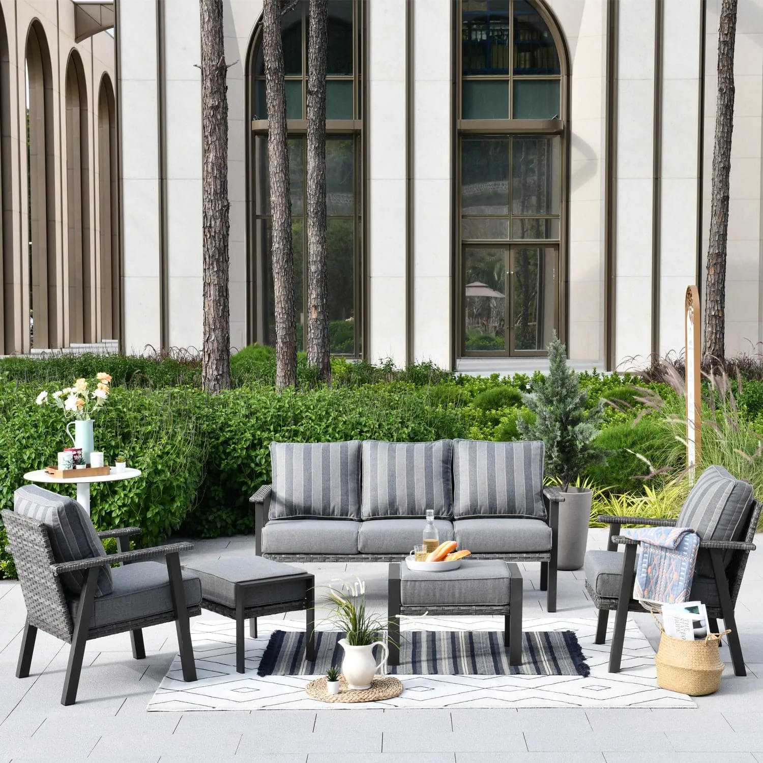 Ovios Patio Conversation Set 5 Piece with 2 Ottoman and 5'' Cushion, Olefin Fabric