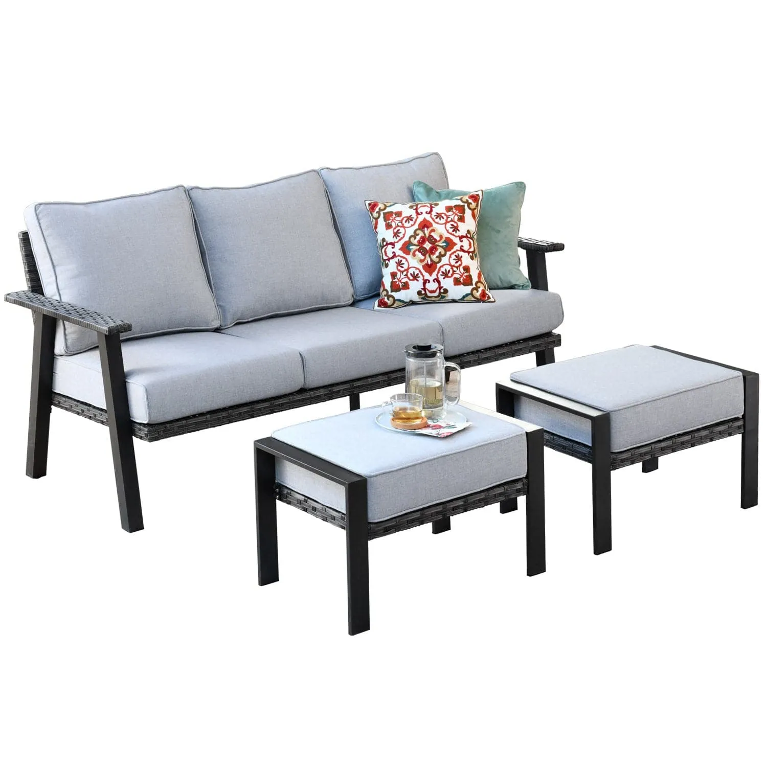 Ovios Patio Conversation Set 5 Piece with 2 Ottoman and 5'' Cushion, Olefin Fabric