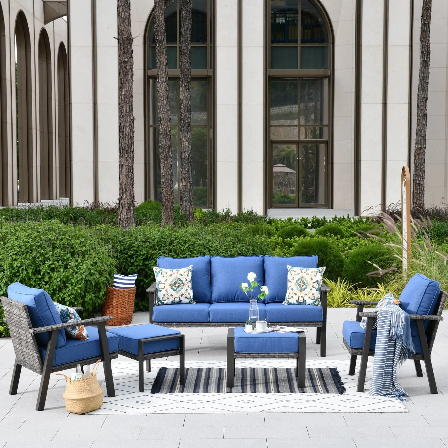 Ovios Patio Conversation Set 5 Piece with 2 Ottoman and 5'' Cushion, Olefin Fabric