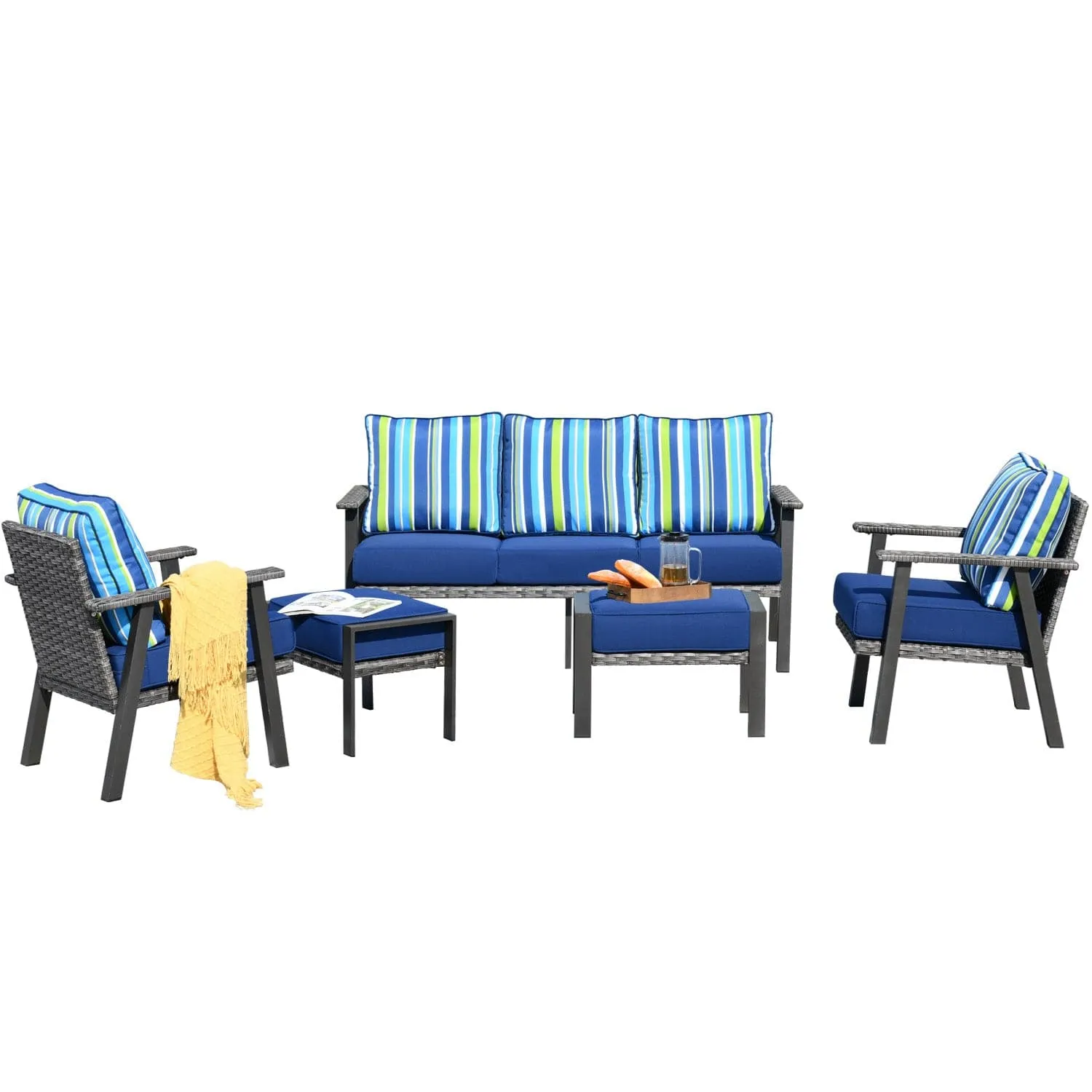 Ovios Patio Conversation Set 5 Piece with 2 Ottoman and 5'' Cushion, Olefin Fabric