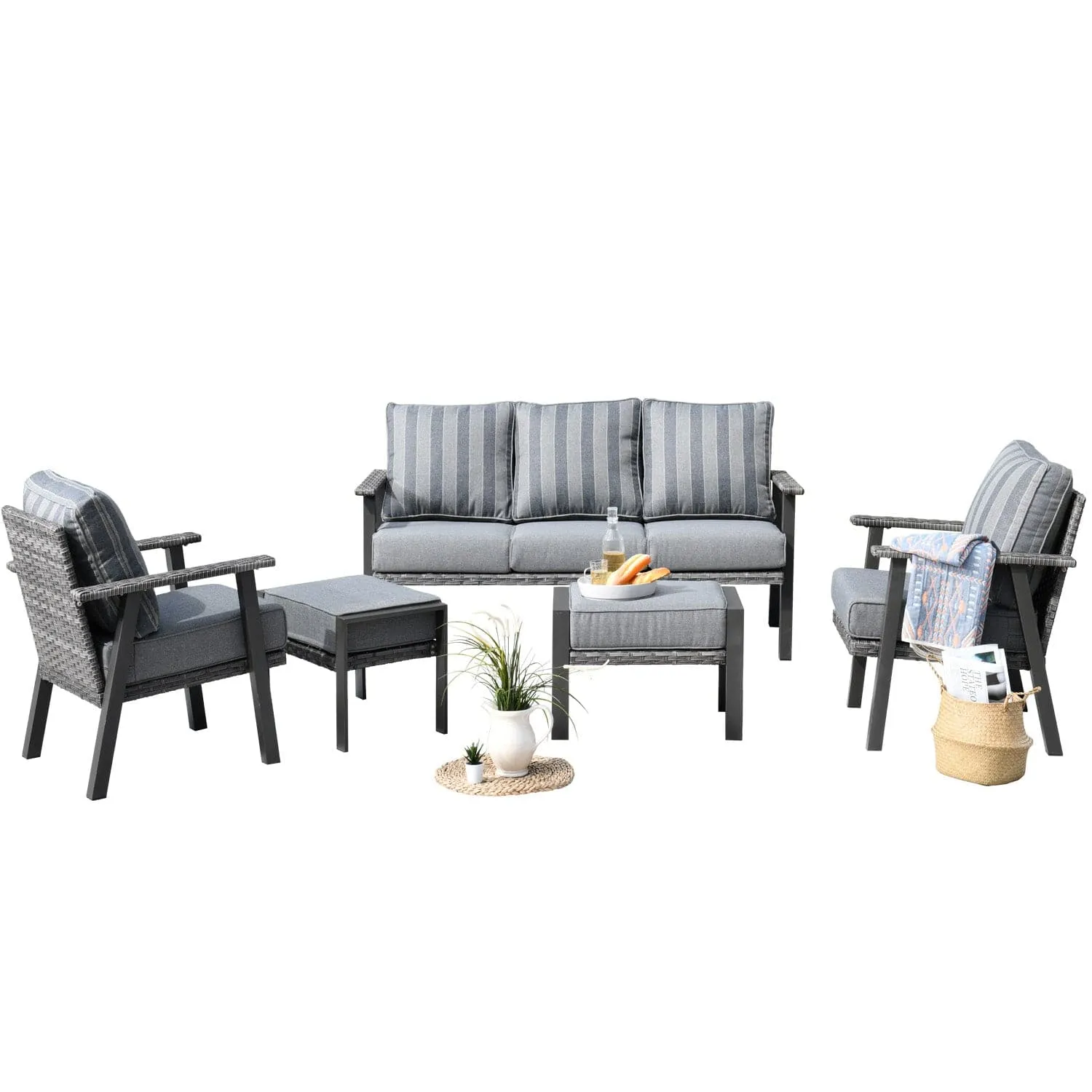 Ovios Patio Conversation Set 5 Piece with 2 Ottoman and 5'' Cushion, Olefin Fabric