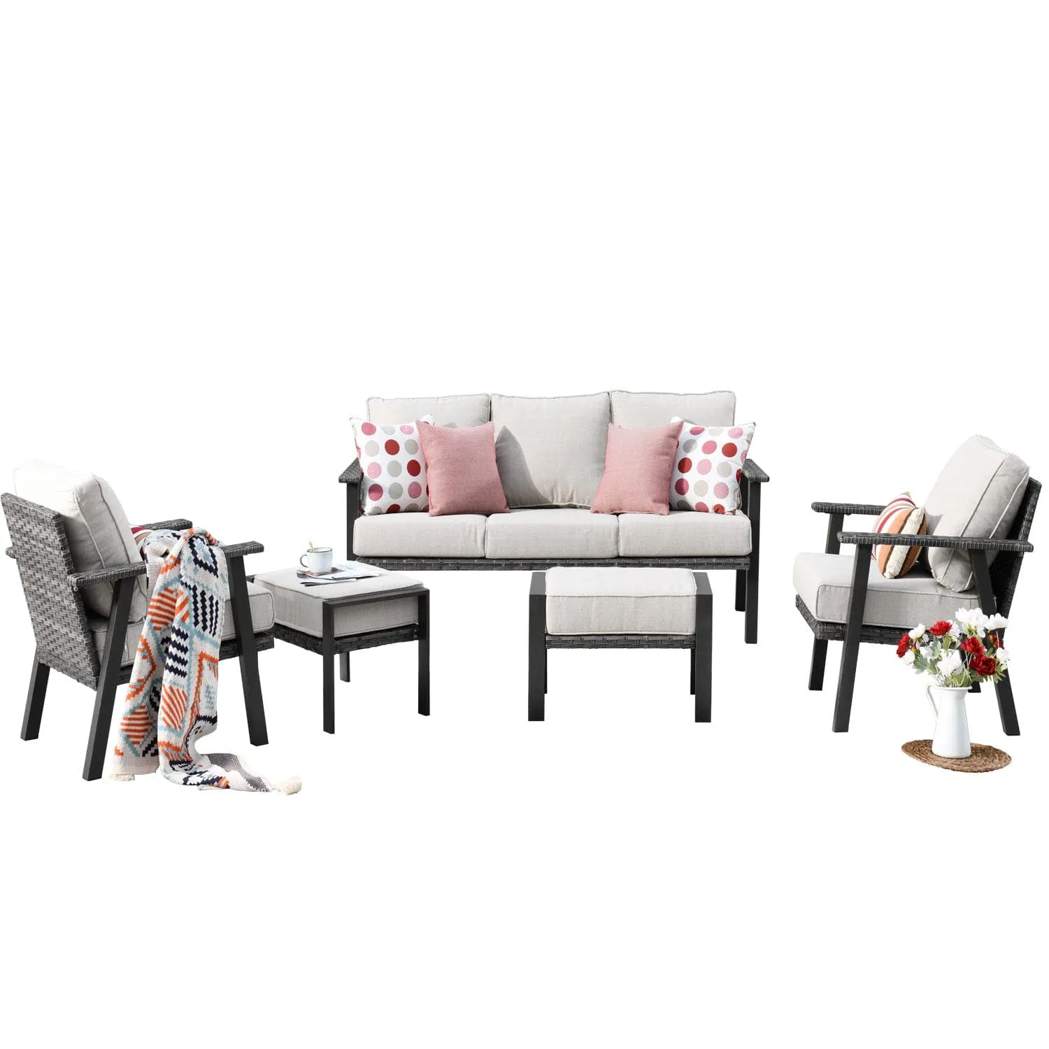 Ovios Patio Conversation Set 5 Piece with 2 Ottoman and 5'' Cushion, Olefin Fabric