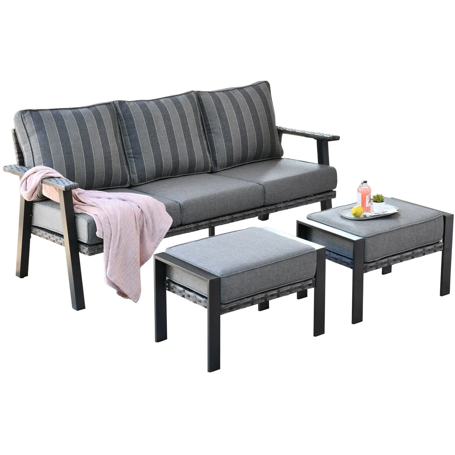 Ovios Patio Conversation Set 5 Piece with 2 Ottoman and 5'' Cushion, Olefin Fabric