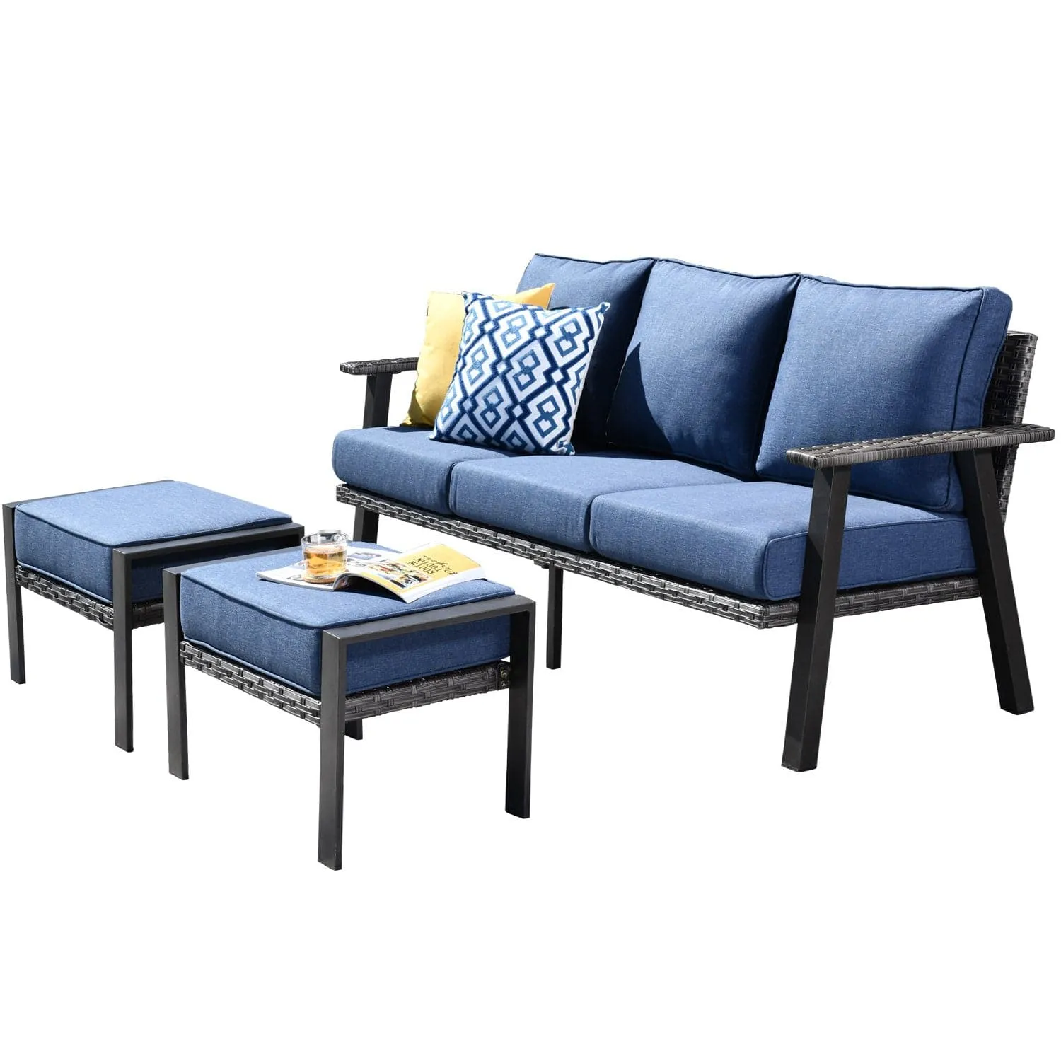 Ovios Patio Conversation Set 5 Piece with 2 Ottoman and 5'' Cushion, Olefin Fabric