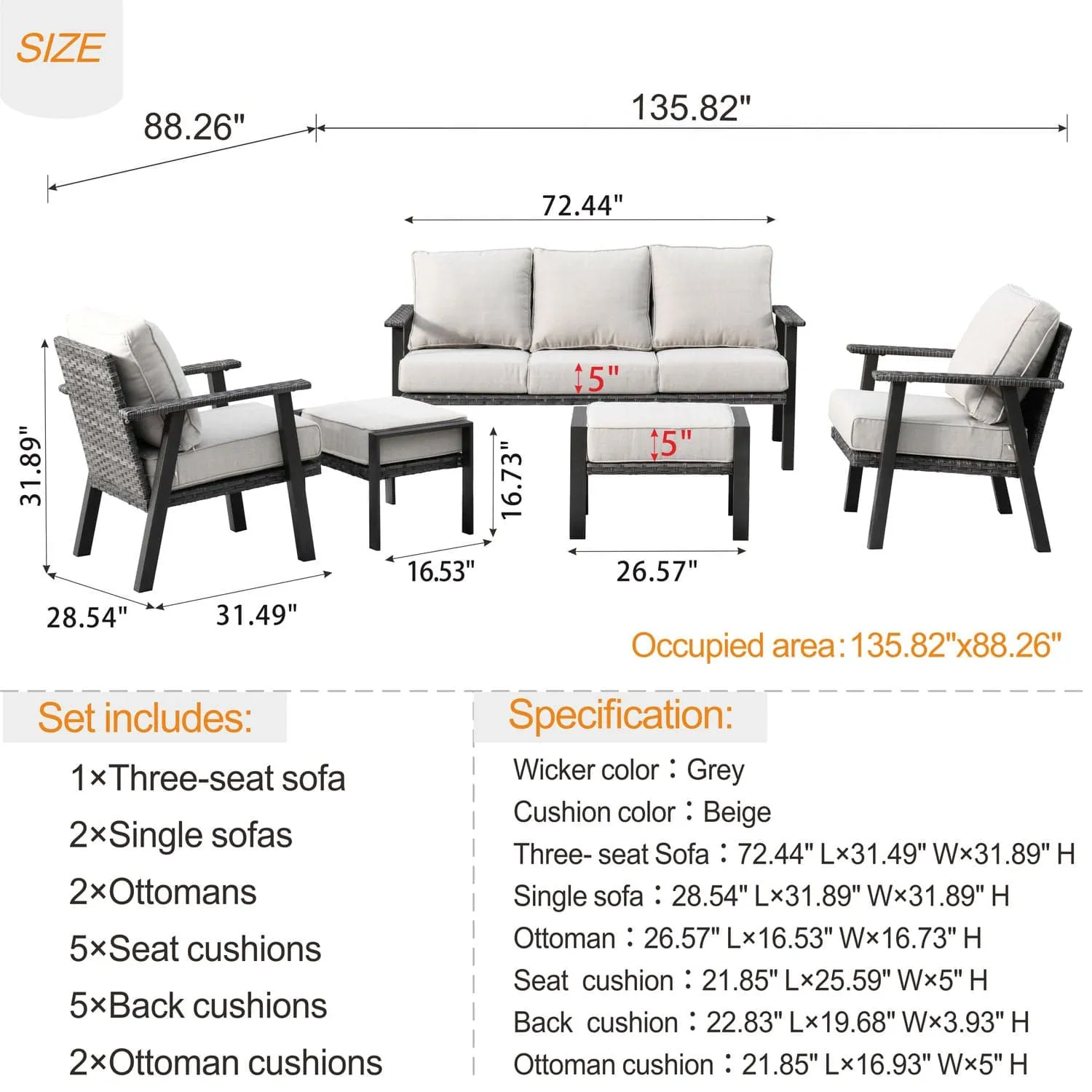 Ovios Patio Conversation Set 5 Piece with 2 Ottoman and 5'' Cushion, Olefin Fabric