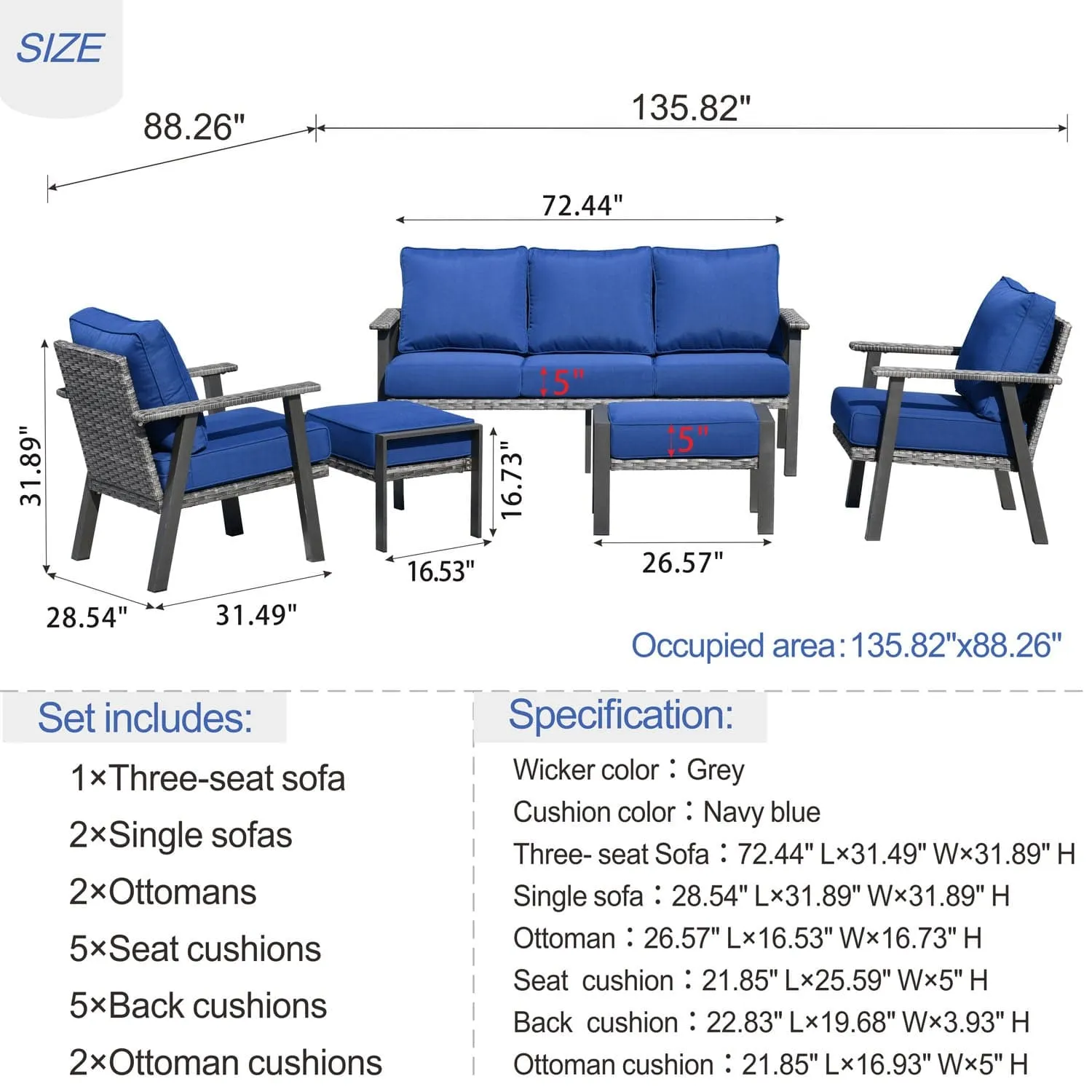 Ovios Patio Conversation Set 5 Piece with 2 Ottoman and 5'' Cushion, Olefin Fabric