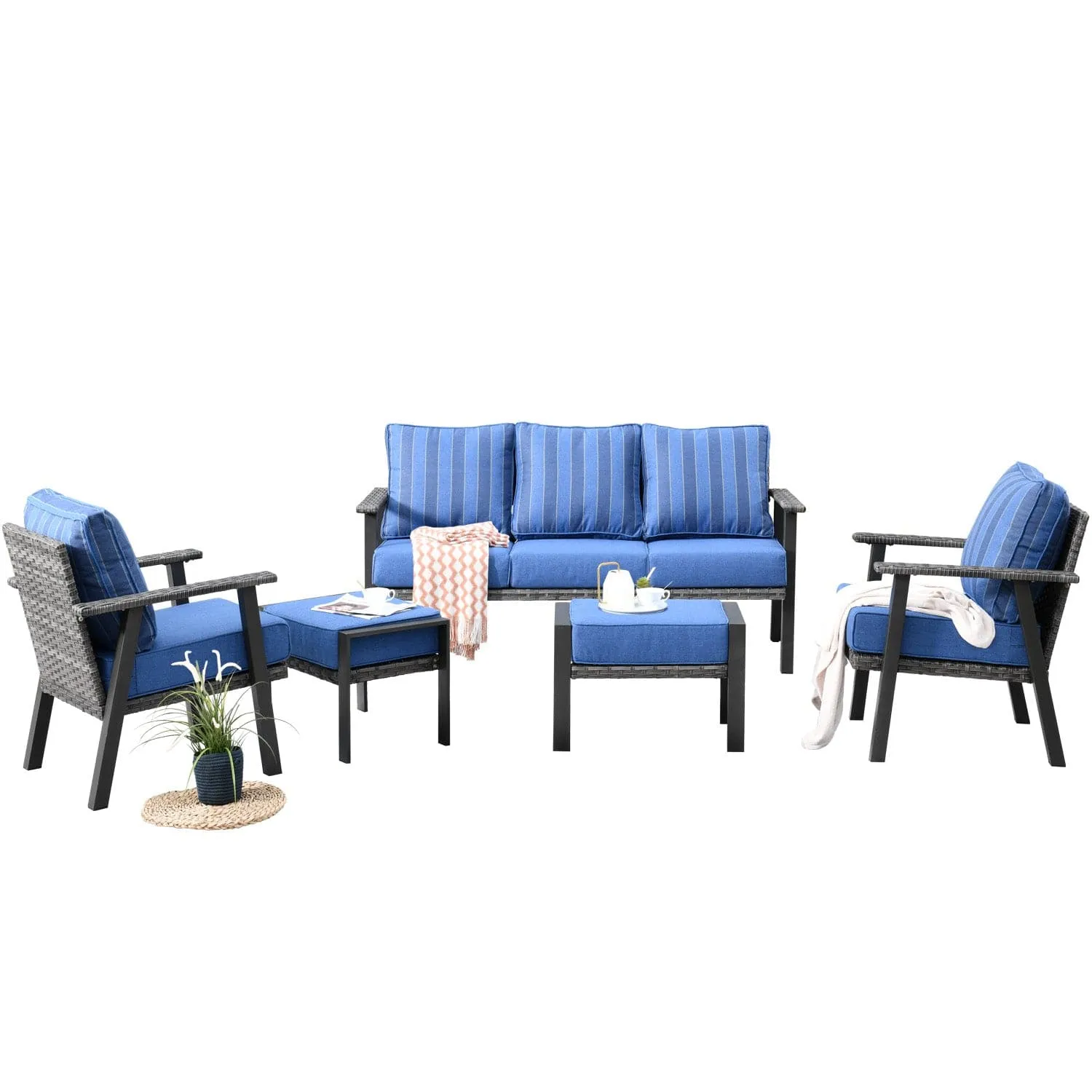 Ovios Patio Conversation Set 5 Piece with 2 Ottoman and 5'' Cushion, Olefin Fabric