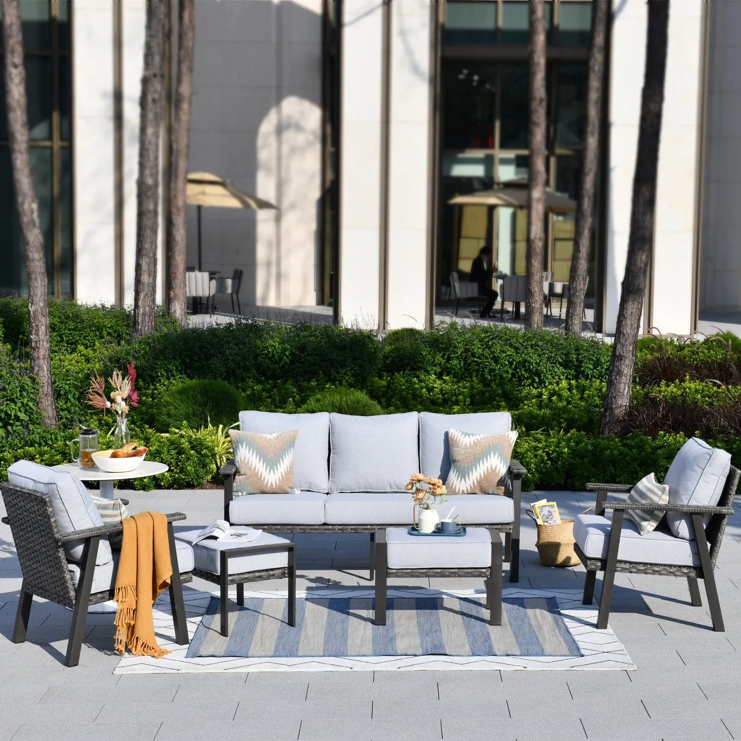 Ovios Patio Conversation Set 5 Piece with 2 Ottoman and 5'' Cushion, Olefin Fabric