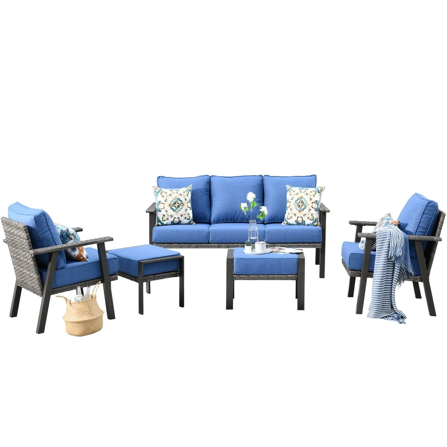 Ovios Patio Conversation Set 5 Piece with 2 Ottoman and 5'' Cushion, Olefin Fabric