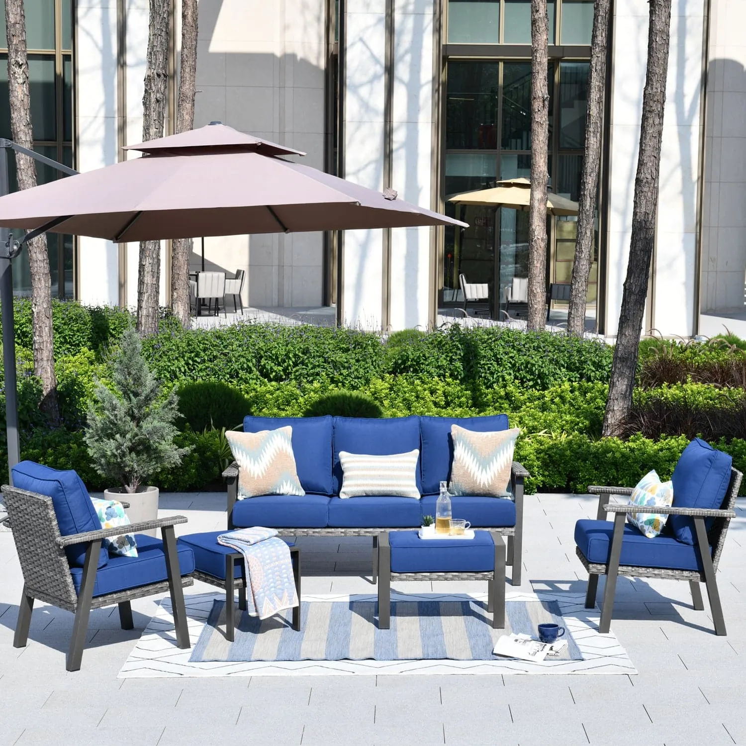 Ovios Patio Conversation Set 5 Piece with 2 Ottoman and 5'' Cushion, Olefin Fabric