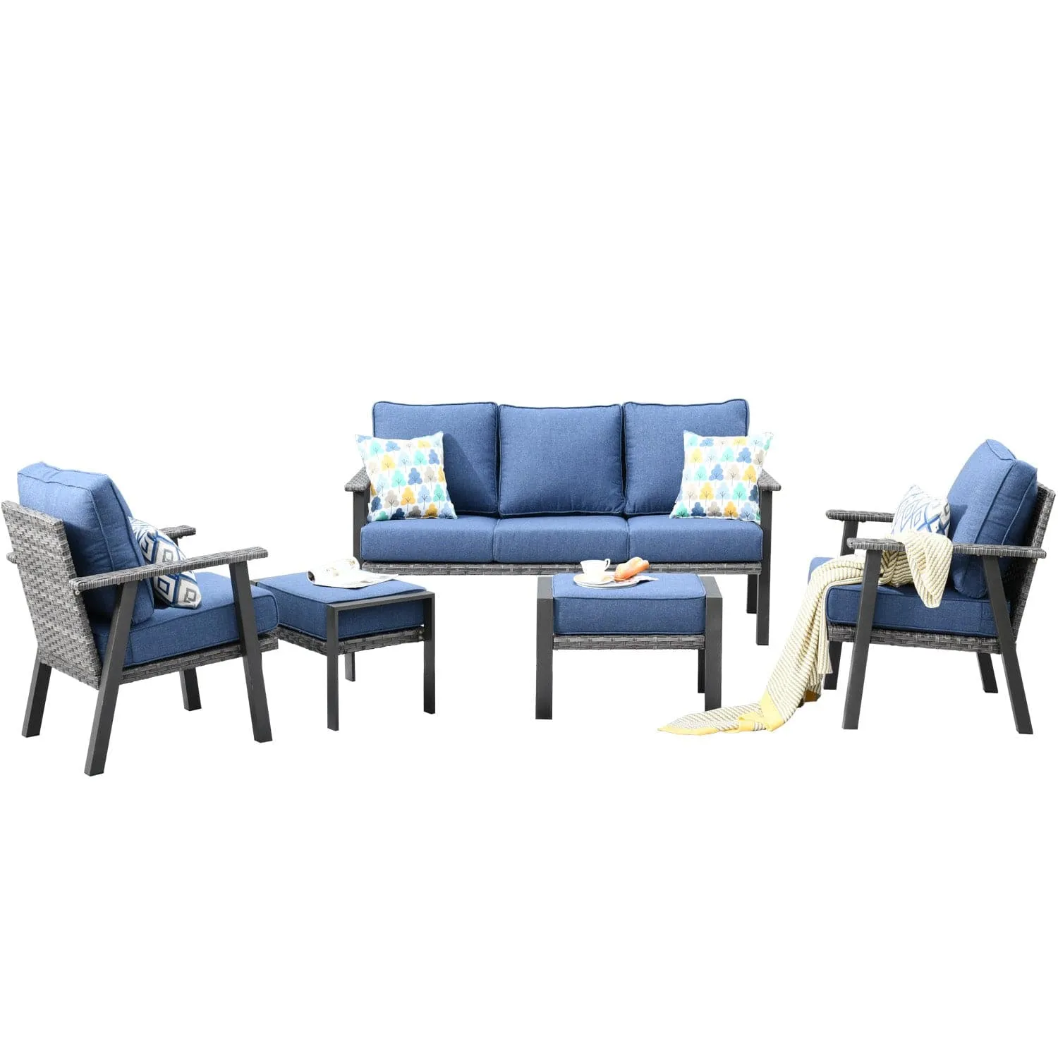 Ovios Patio Conversation Set 5 Piece with 2 Ottoman and 5'' Cushion, Olefin Fabric