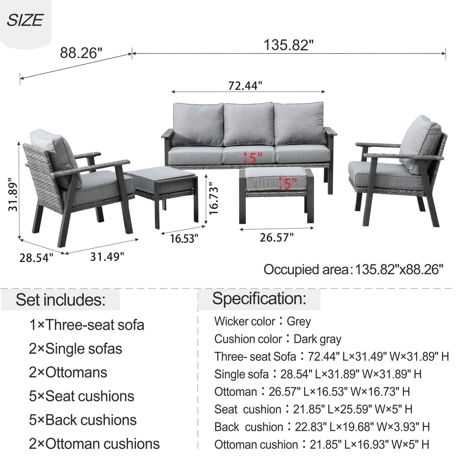 Ovios Patio Conversation Set 5 Piece with 2 Ottoman and 5'' Cushion, Olefin Fabric