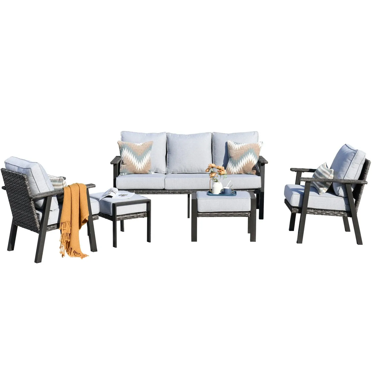 Ovios Patio Conversation Set 5 Piece with 2 Ottoman and 5'' Cushion, Olefin Fabric