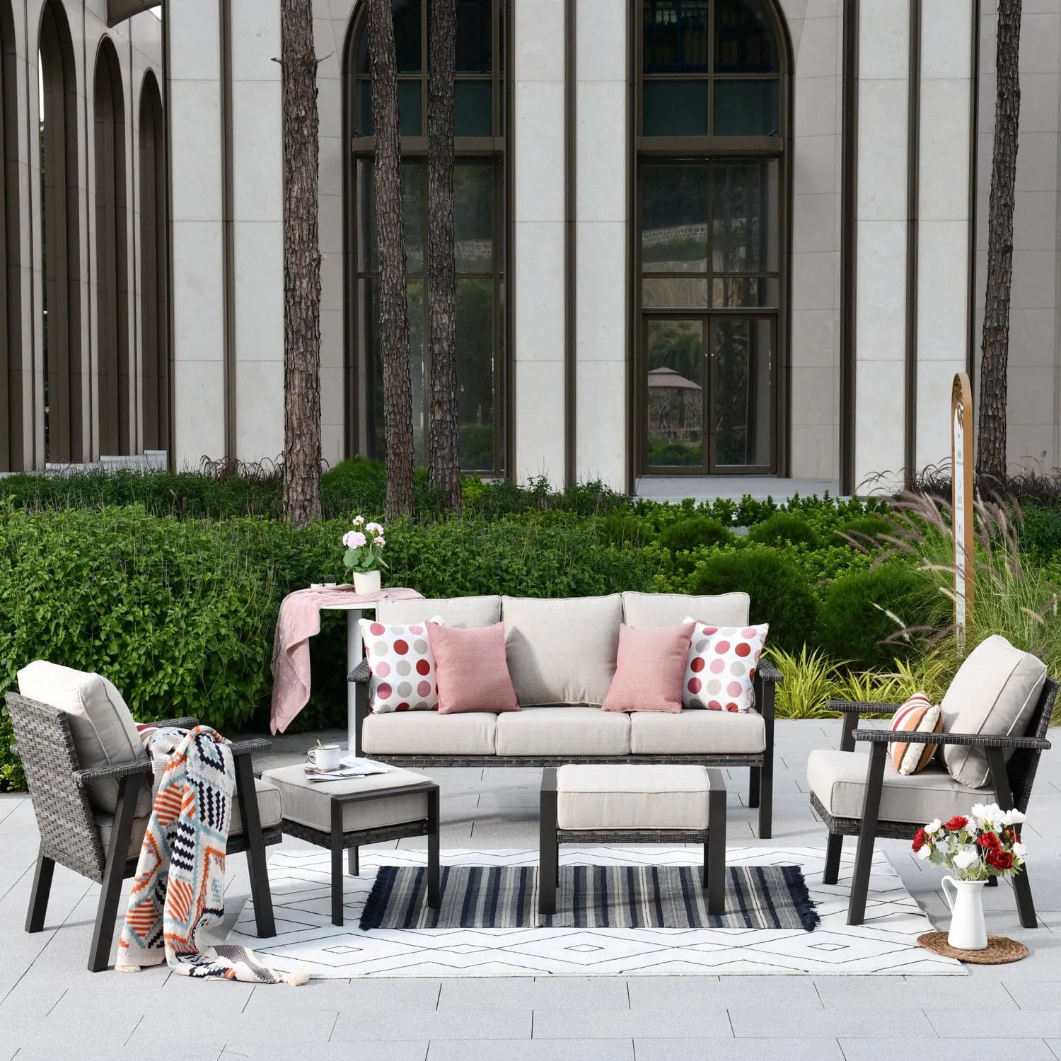 Ovios Patio Conversation Set 5 Piece with 2 Ottoman and 5'' Cushion, Olefin Fabric