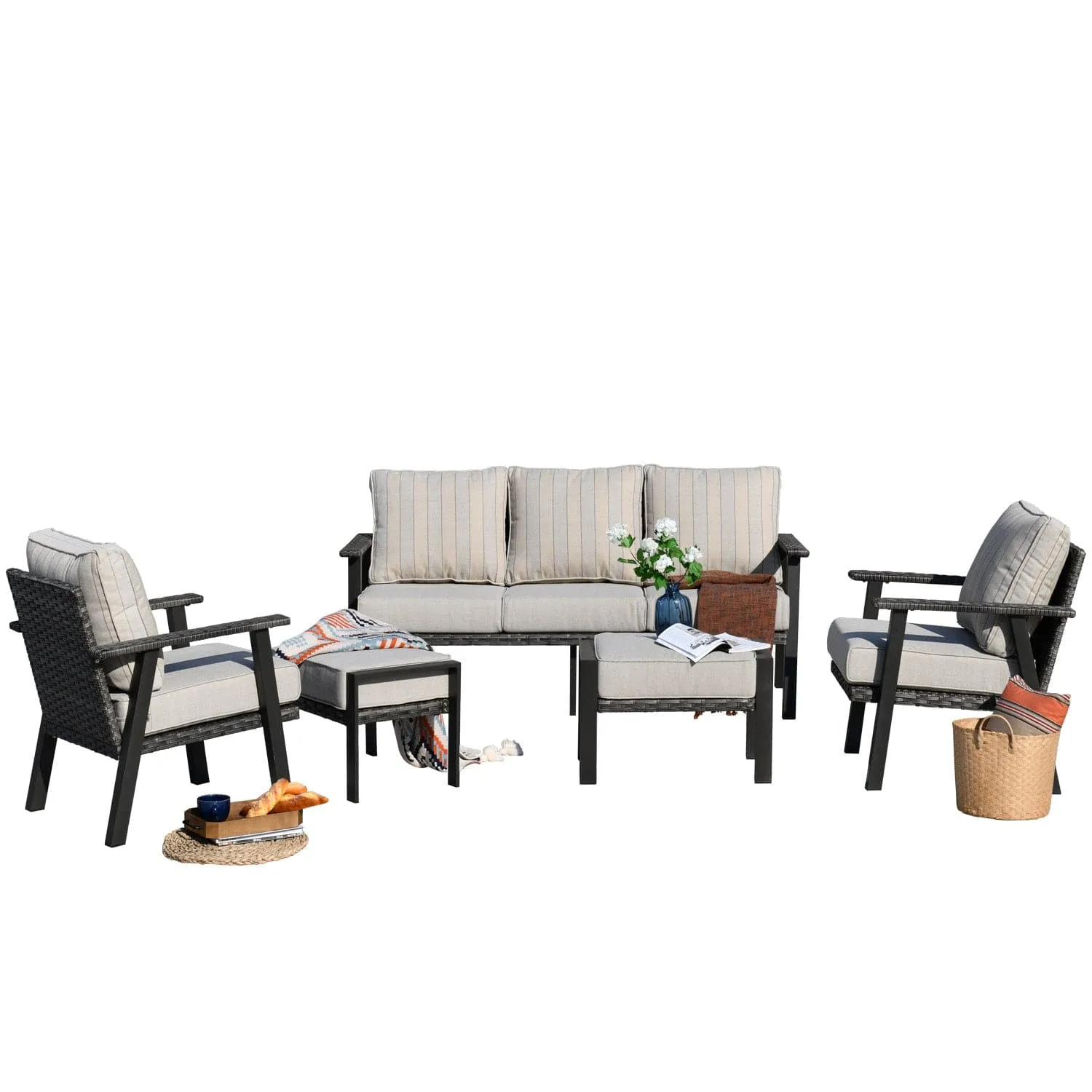 Ovios Patio Conversation Set 5 Piece with 2 Ottoman and 5'' Cushion, Olefin Fabric