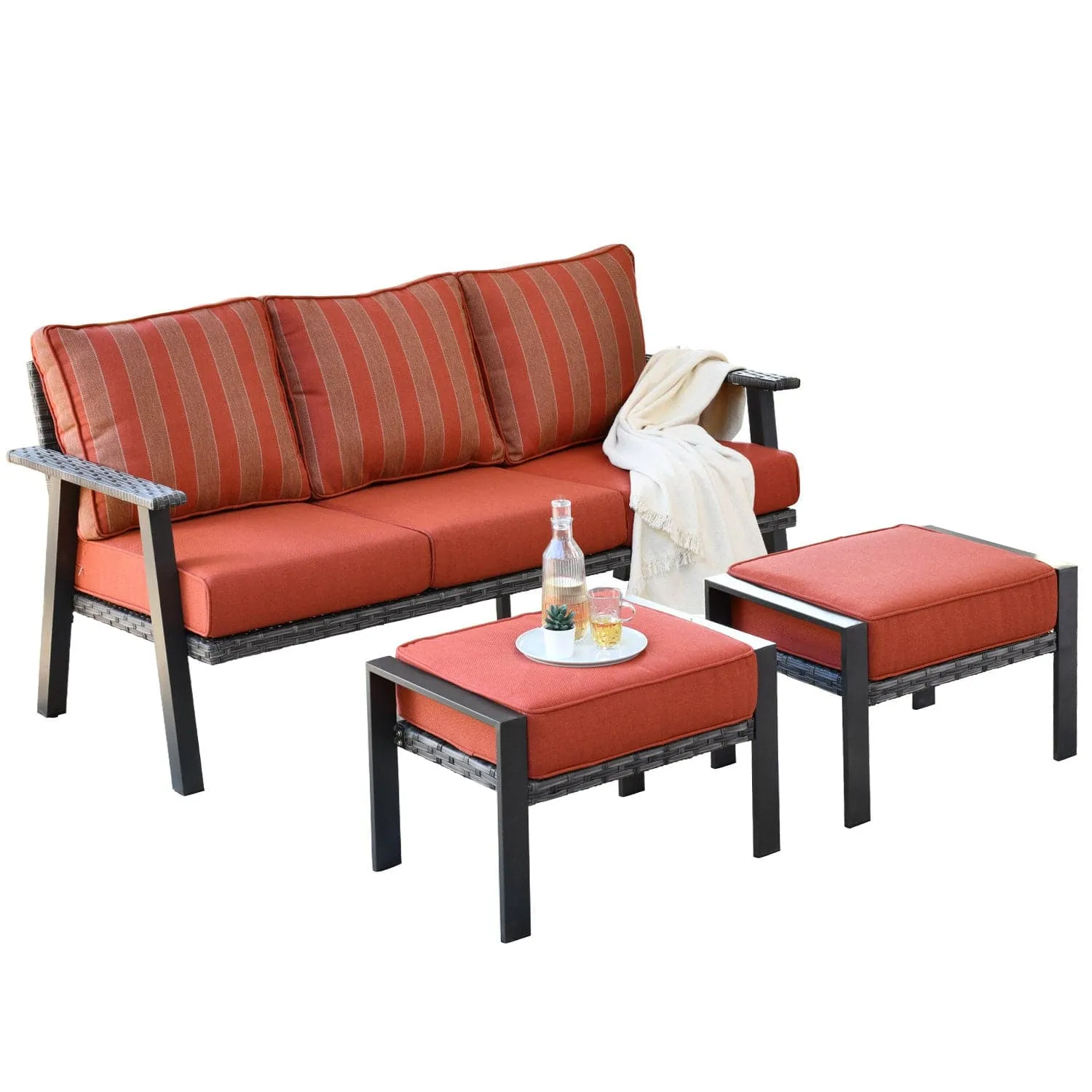 Ovios Patio Conversation Set 5 Piece with 2 Ottoman and 5'' Cushion, Olefin Fabric