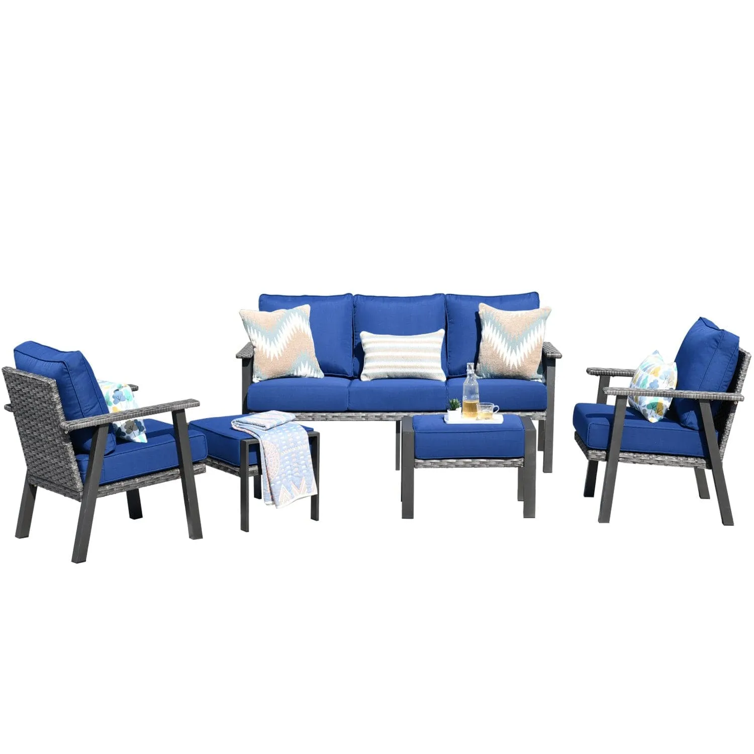 Ovios Patio Conversation Set 5 Piece with 2 Ottoman and 5'' Cushion, Olefin Fabric