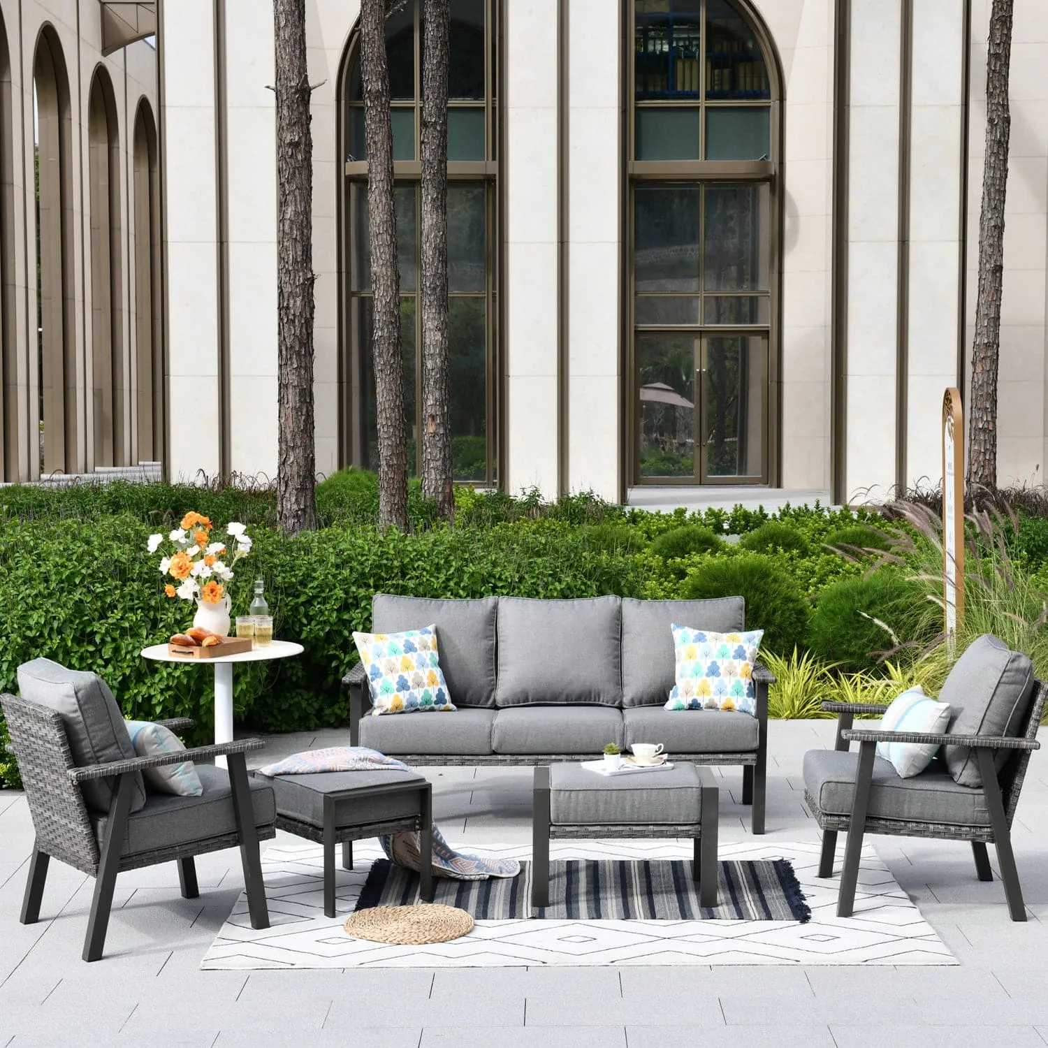 Ovios Patio Conversation Set 5 Piece with 2 Ottoman and 5'' Cushion, Olefin Fabric