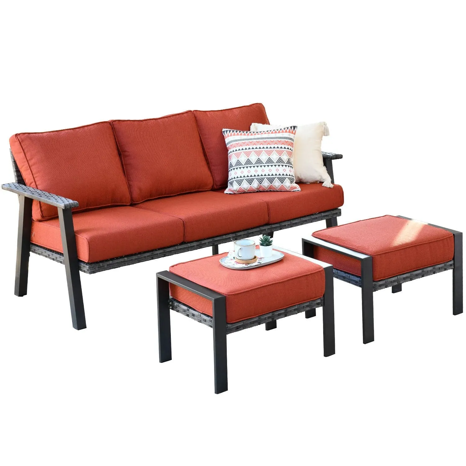 Ovios Patio Conversation Set 5 Piece with 2 Ottoman and 5'' Cushion, Olefin Fabric