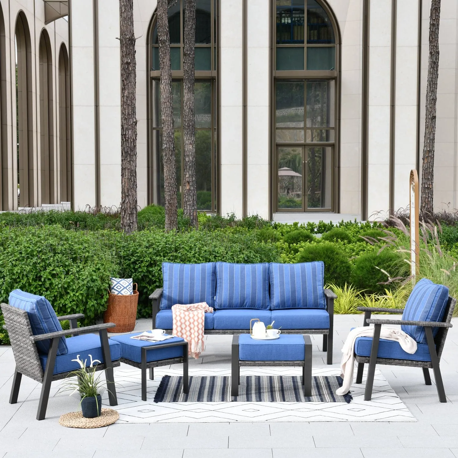 Ovios Patio Conversation Set 5 Piece with 2 Ottoman and 5'' Cushion, Olefin Fabric