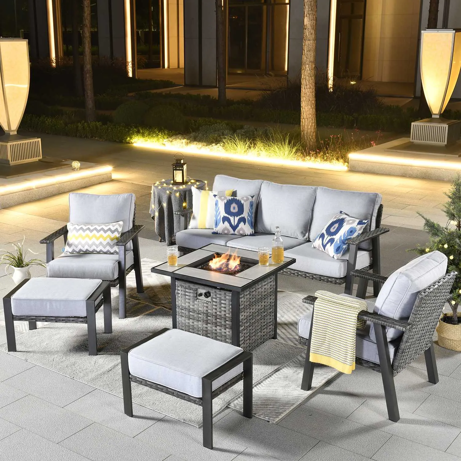 Ovios Patio Conversation Set 6 Piece with 30 '' fire pit table, 5'' Cushion, Olefin Fabric