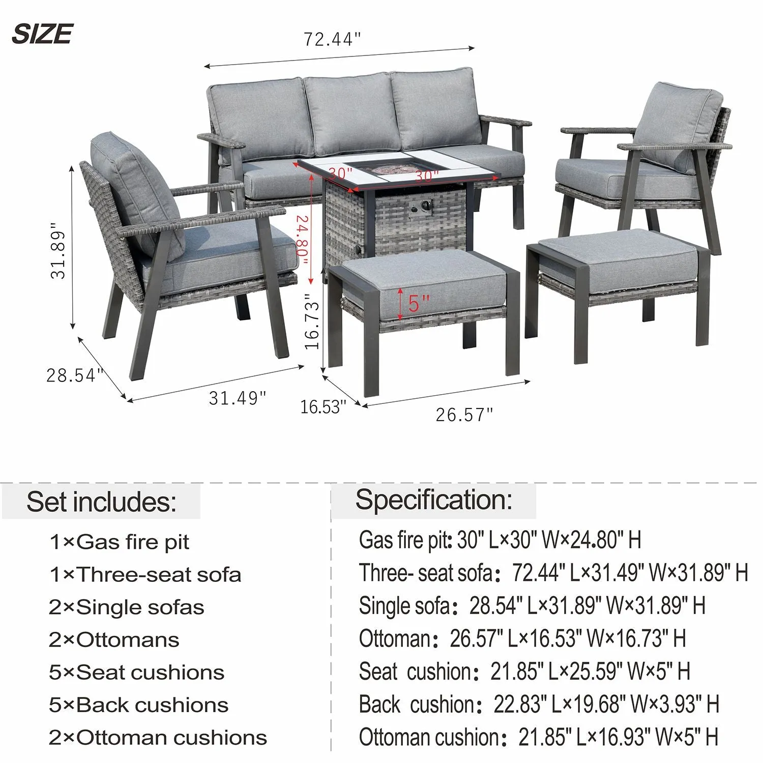 Ovios Patio Conversation Set 6 Piece with 30 '' fire pit table, 5'' Cushion, Olefin Fabric