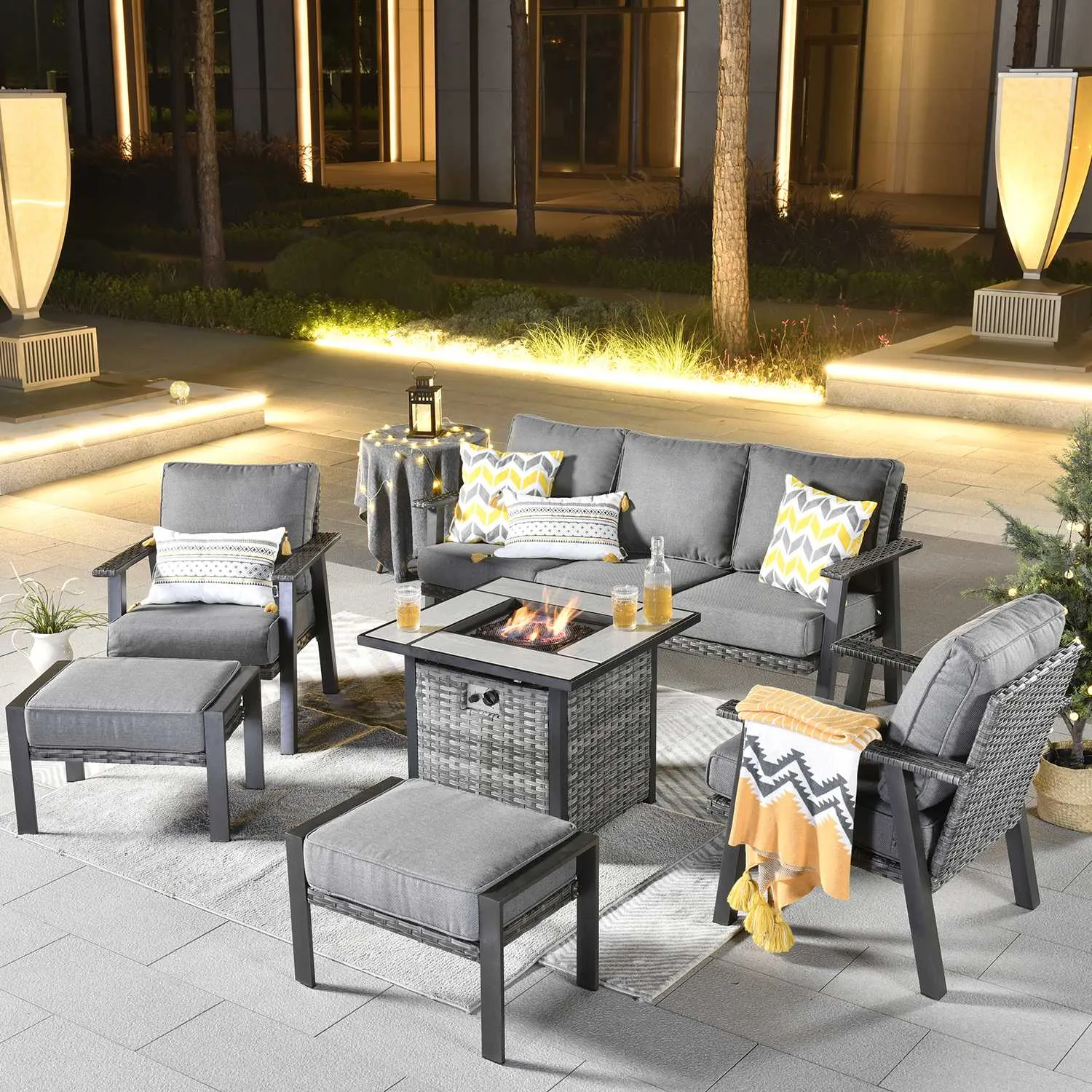 Ovios Patio Conversation Set 6 Piece with 30 '' fire pit table, 5'' Cushion, Olefin Fabric