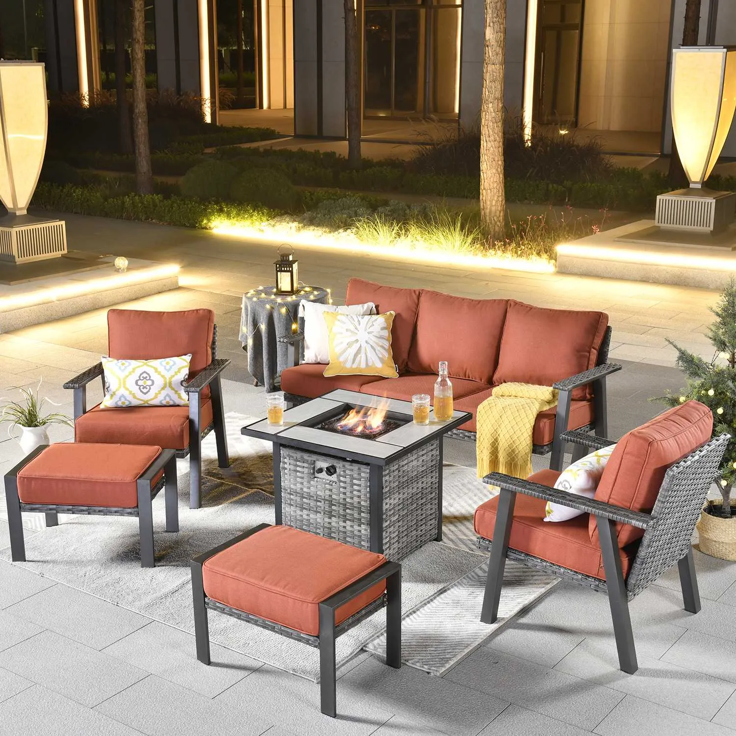 Ovios Patio Conversation Set 6 Piece with 30 '' fire pit table, 5'' Cushion, Olefin Fabric