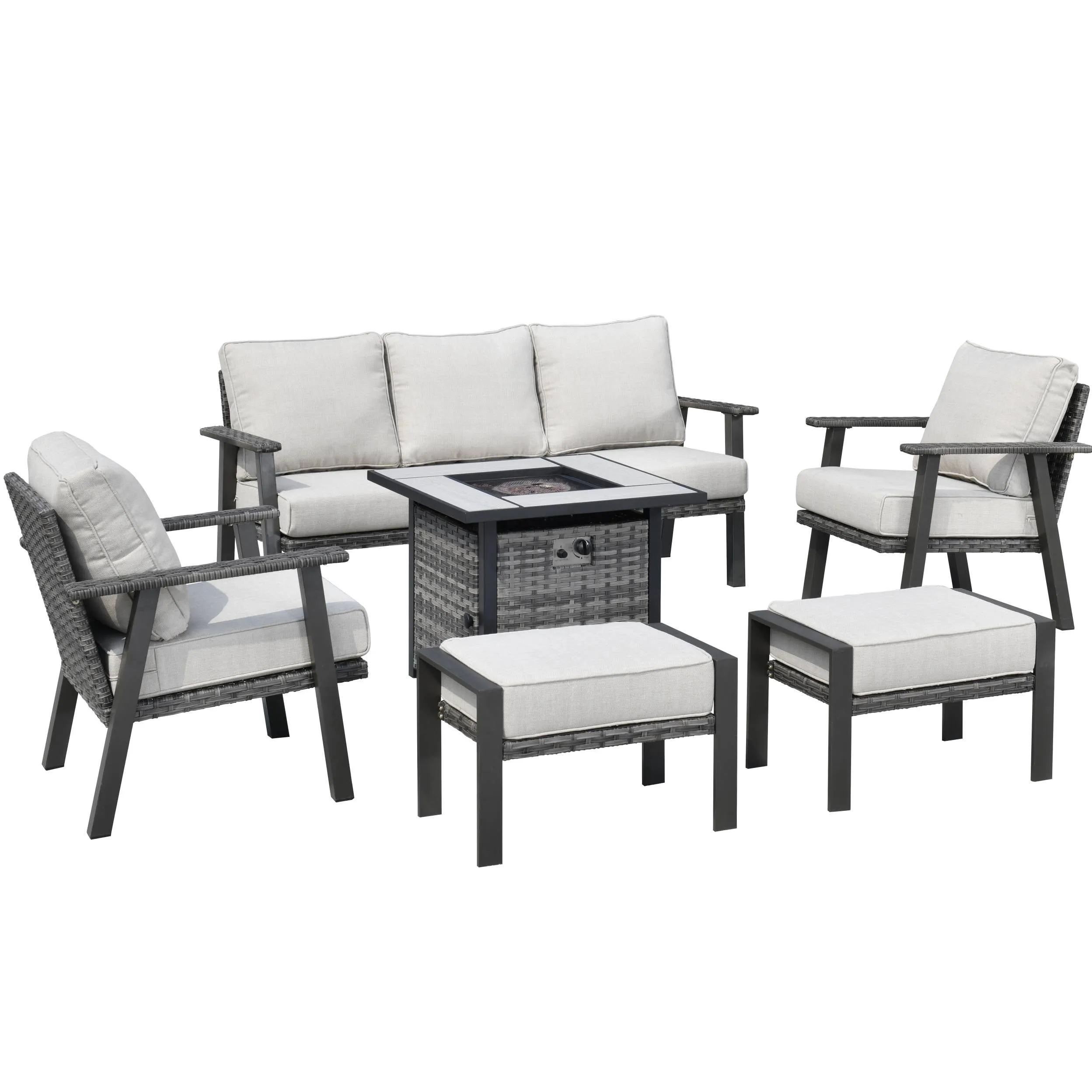 Ovios Patio Conversation Set 6 Piece with 30 '' fire pit table, 5'' Cushion, Olefin Fabric