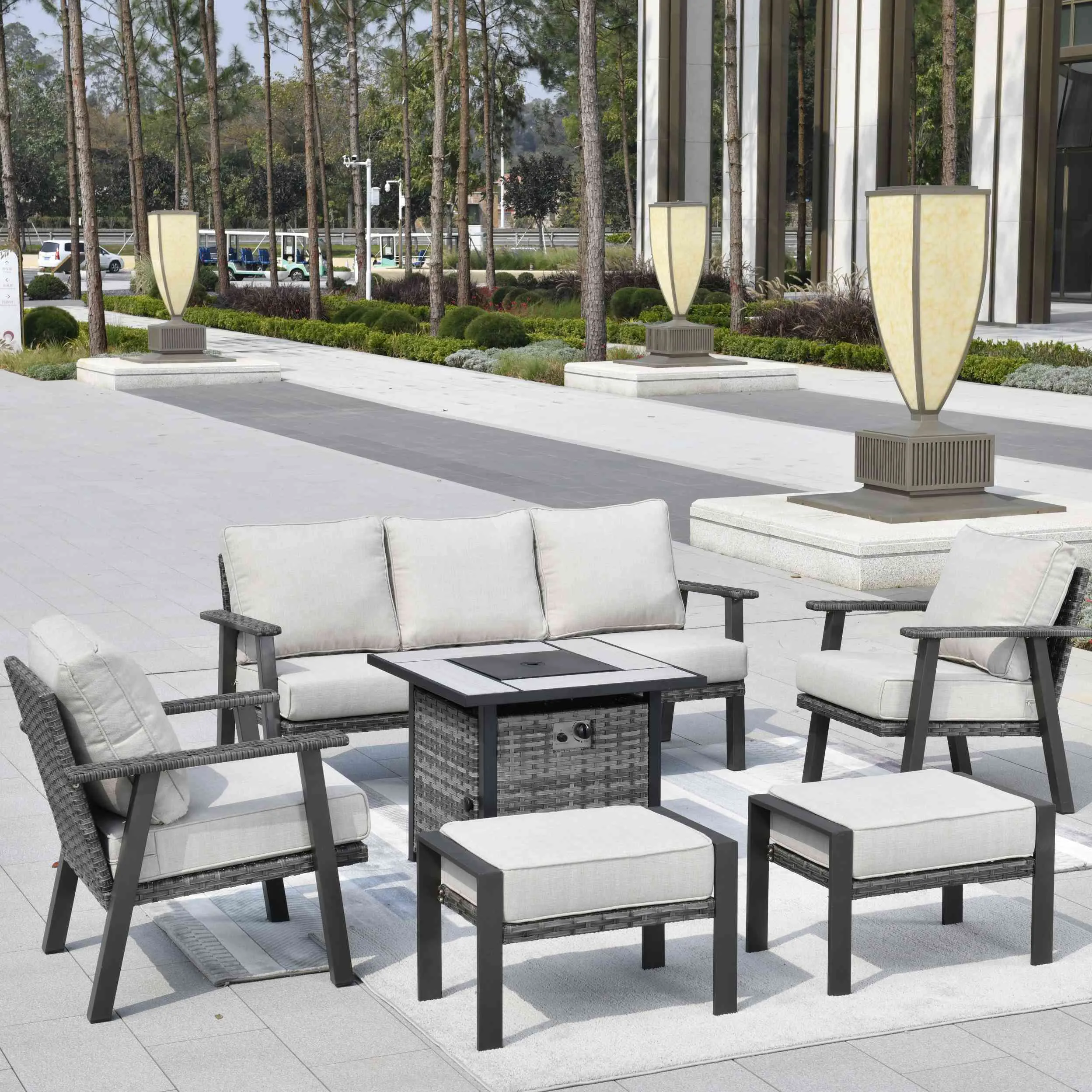 Ovios Patio Conversation Set 6 Piece with 30 '' fire pit table, 5'' Cushion, Olefin Fabric