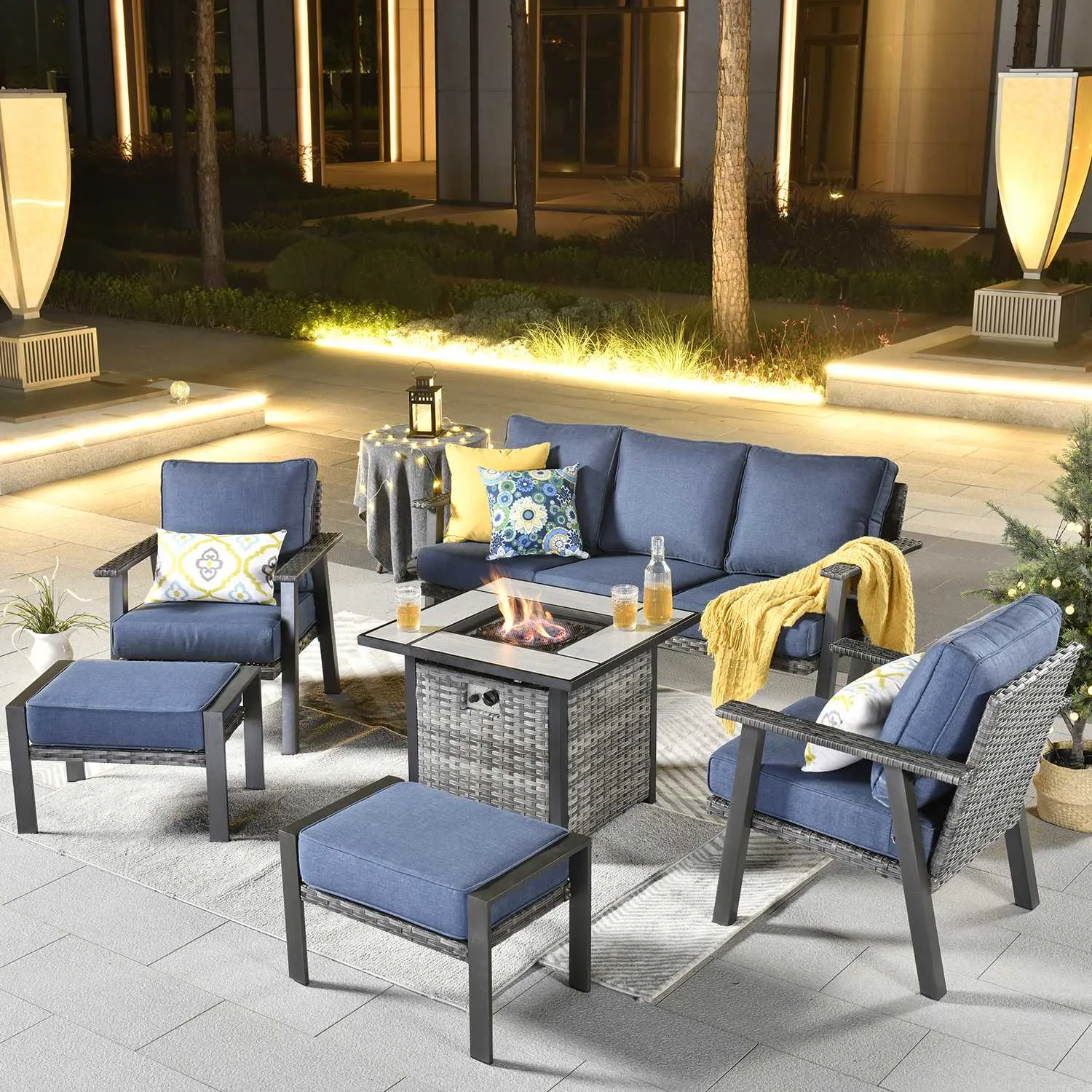 Ovios Patio Conversation Set 6 Piece with 30 '' fire pit table, 5'' Cushion, Olefin Fabric