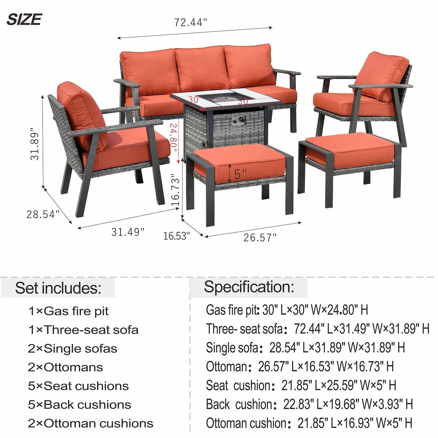 Ovios Patio Conversation Set 6 Piece with 30 '' fire pit table, 5'' Cushion, Olefin Fabric