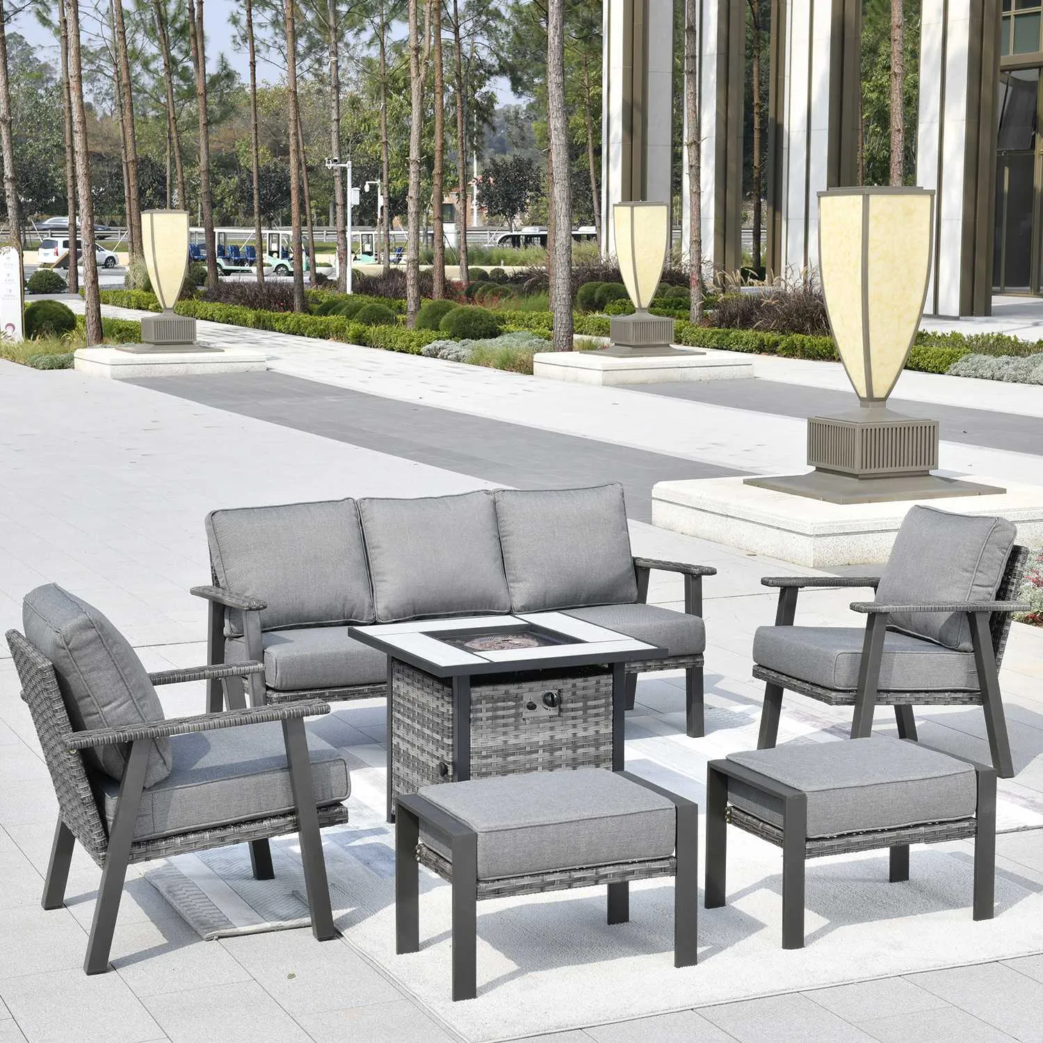 Ovios Patio Conversation Set 6 Piece with 30 '' fire pit table, 5'' Cushion, Olefin Fabric