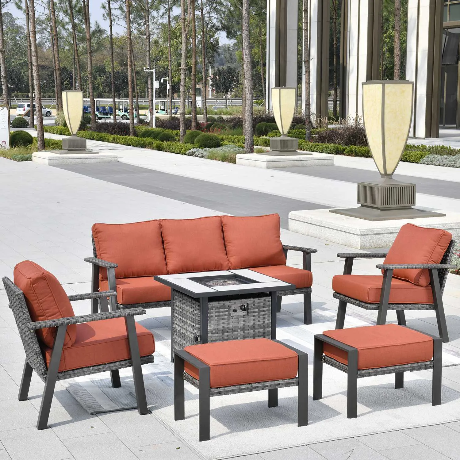 Ovios Patio Conversation Set 6 Piece with 30 '' fire pit table, 5'' Cushion, Olefin Fabric