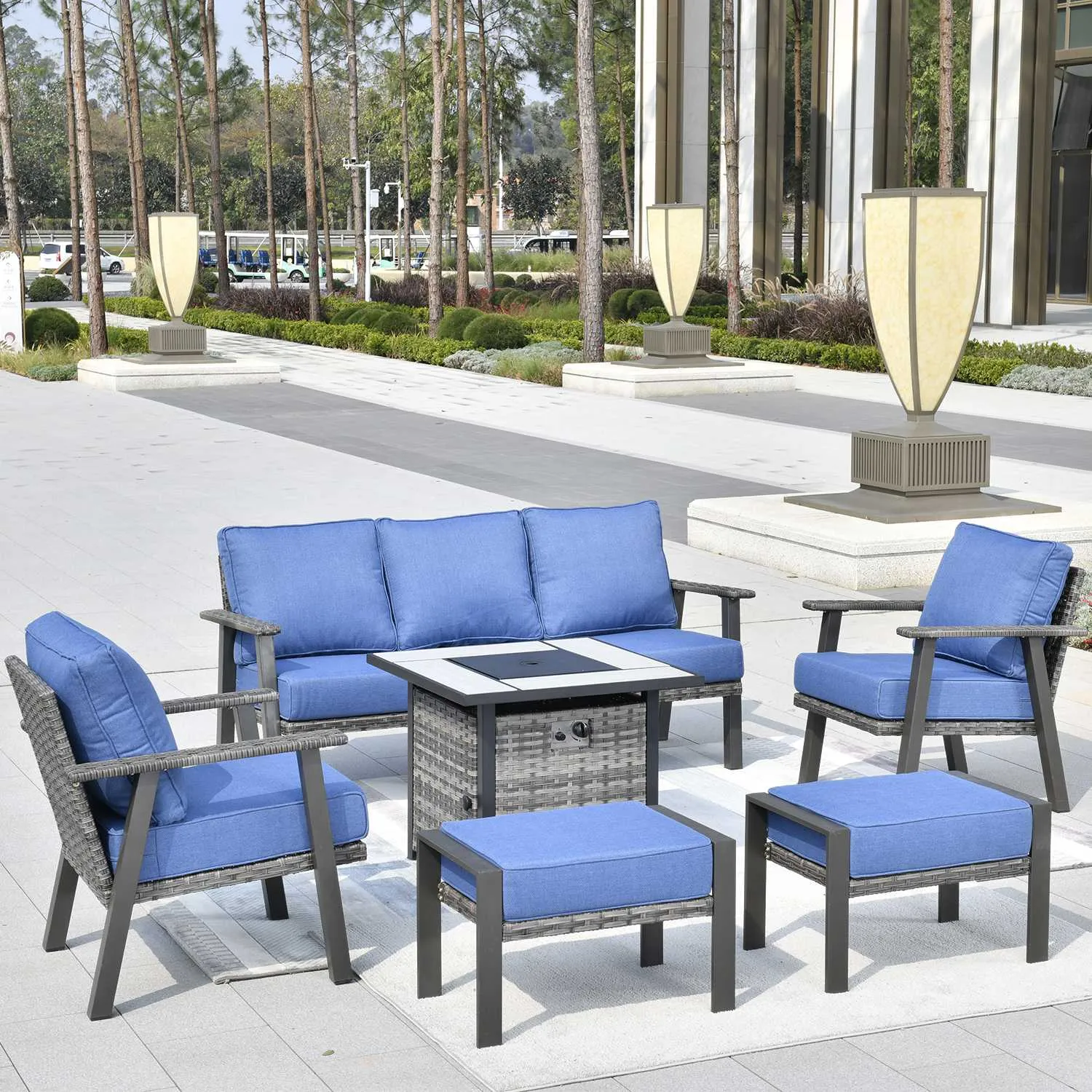 Ovios Patio Conversation Set 6 Piece with 30 '' fire pit table, 5'' Cushion, Olefin Fabric