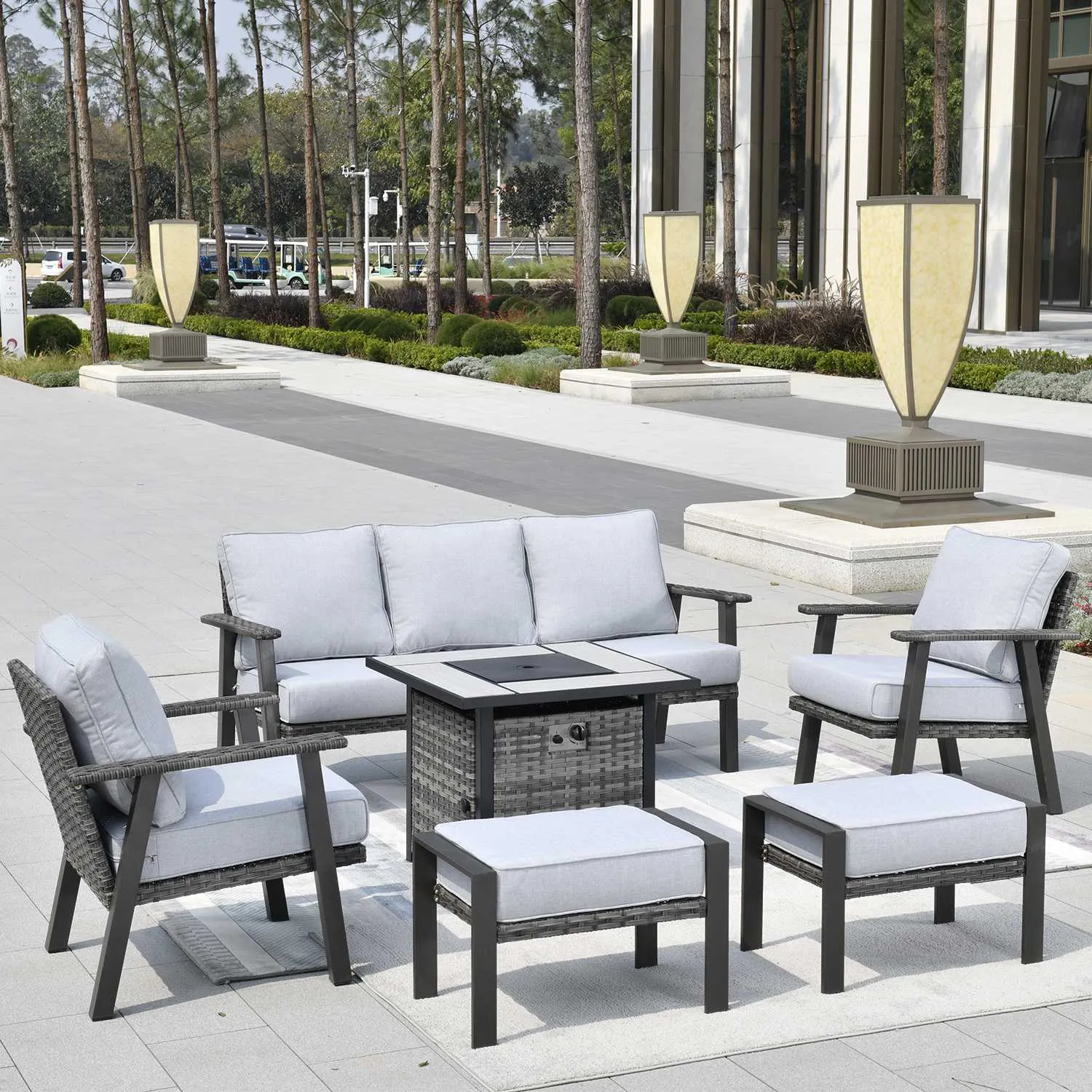 Ovios Patio Conversation Set 6 Piece with 30 '' fire pit table, 5'' Cushion, Olefin Fabric