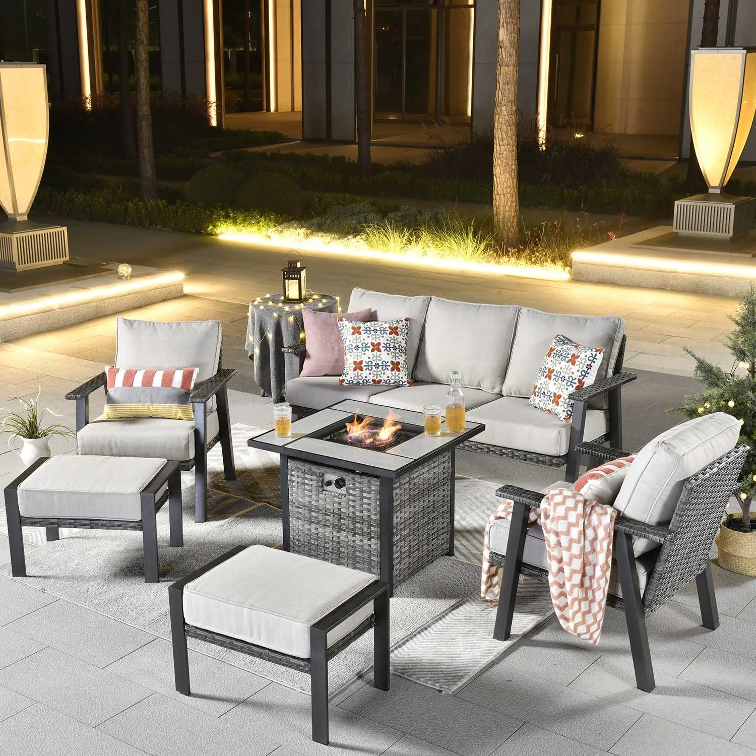 Ovios Patio Conversation Set 6 Piece with 30 '' fire pit table, 5'' Cushion, Olefin Fabric