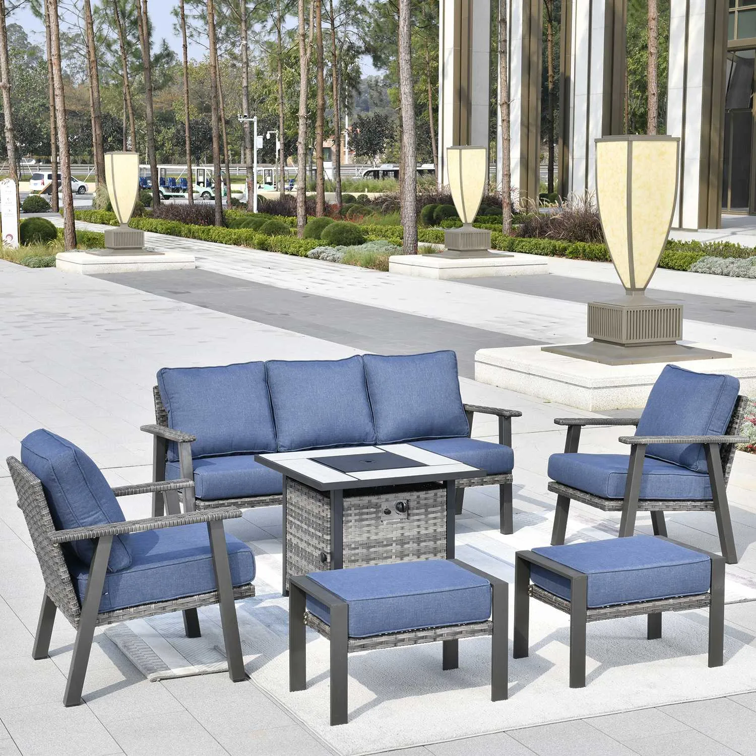 Ovios Patio Conversation Set 6 Piece with 30 '' fire pit table, 5'' Cushion, Olefin Fabric