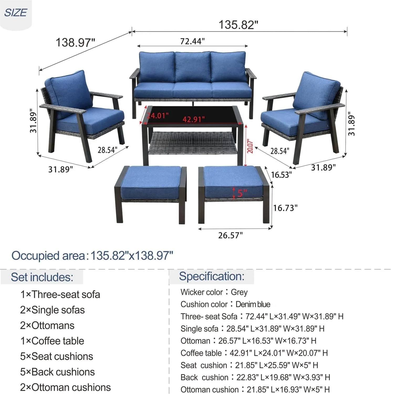 Ovios Patio Furniture Set 6 Piece With Table and Ottoman 5'' Cushion, Olefin Fabric