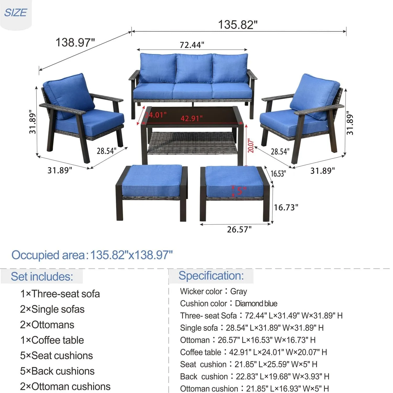 Ovios Patio Furniture Set 6 Piece With Table and Ottoman 5'' Cushion, Olefin Fabric